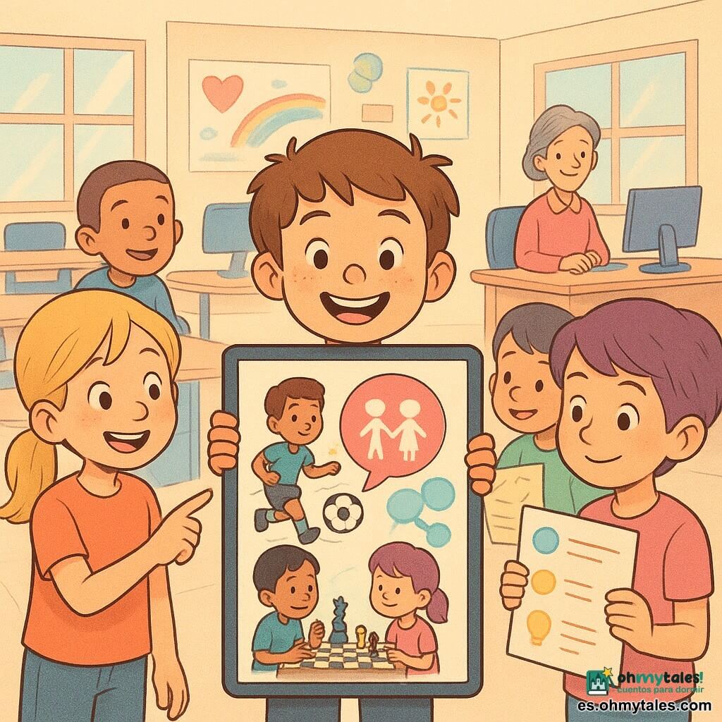 Un niño de 8 años, Lucas, sonriente y orgulloso, rostro redondo con pecas y cabello castaño despeinado, sostiene una tableta luminosa y muestra un gran cartel digital colorido; a su izquierda, Sara, niña de unos 8 años con coletas rubias y mirada entusiasta, señala en el cartel una escena de niños jugando al fútbol y al ajedrez; a su derecha, Emilio, niño de unos 8 años de piel morena y cabello negro corto, sostiene una hoja con ideas sobre reparto de tareas; junto a él, Valeria, niña de unos 8 años con cabello corto teñido de violeta y mirada dulce y segura, lee una poesía breve que flota en la pantalla como burbujas de colores; al fondo, Diego, niño de unos 8 años con corte de cepillo, sentado, se inclina sorprendido y divertido para ver la tableta; la maestra Rosa, mujer adulta con el cabello gris recogido en moño, observa orgullosa desde un escritorio; la escena ocurre en una sala de informática escolar luminosa con paredes decoradas, grandes ventanas, mesas redondas y ordenadores; tema principal: los niños presentan un cartel digital sobre igualdad de género con colores cálidos, burbujas de diálogo, iconos de cooperación y siluetas jugando; atmósfera amable y alegre, estilo sencillo y expresivo, contornos redondeados y paleta pastel.