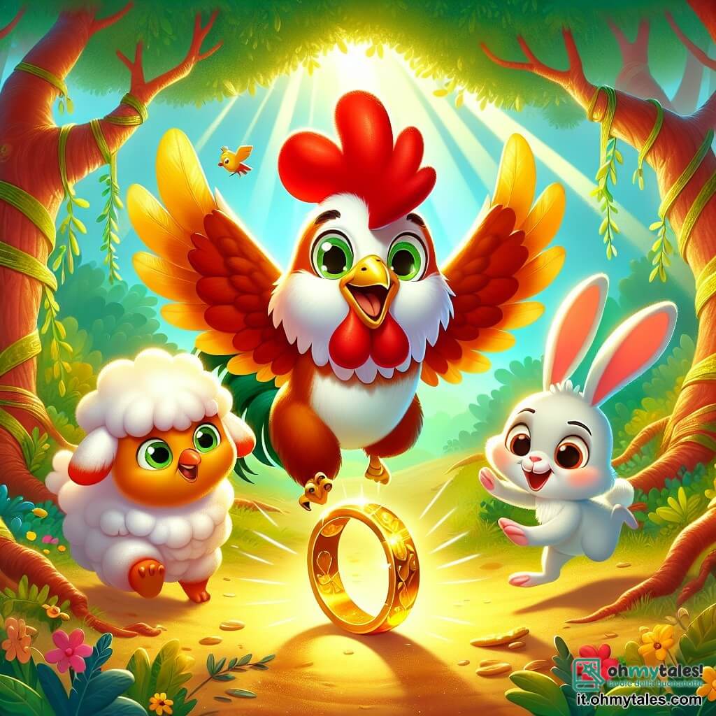 Un gallo gioioso di nome Gallo Giocoso, con piume rosse e dorate brillanti, si trova al centro della scena, con le ali leggermente aperte e un grande sorriso sul becco, esprimendo la sua determinazione. Alla sua destra, una dolce pecorella bianca di nome Pina, con grandi occhi curiosi, spinge delicatamente l'anello d'oro incastrato tra i rami, mentre a sinistra, un simpatico coniglietto di nome Binky, con orecchie lunghe e pelo grigio, salta con entusiasmo per aiutare. La scena si svolge in una foresta magica, con alberi dai tronchi spessi, foglie verdi brillanti e fiori colorati che punteggiano il terreno. I raggi di sole filtrano tra i rami, illuminando l'anello d'oro che brilla al centro dell'attenzione. Gallo Giocoso, Pina e Binky lavorano insieme con energia per liberare l'anello d'oro dai rami, con espressioni piene di gioia e amicizia, illustrando la forza della loro collaborazione.