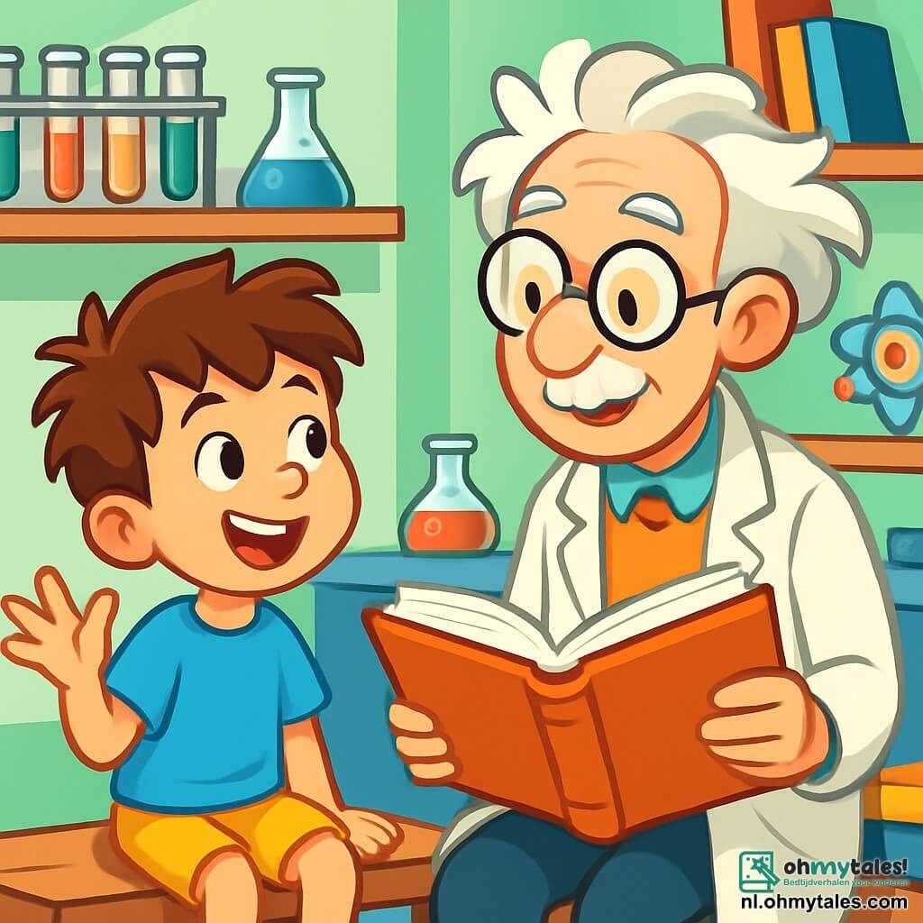 Een 8-jarig jongetje, Max, met rommelig bruin haar en nieuwsgierige sprankelende ogen, zit op een houten bank in een helderlaboratorium. Hij draagt een felblauw T-shirt en een gele short, en heeft een grote glimlach op zijn gezicht, wat zijn enthousiasme toont. Naast hem staat professor Pluim, een oudere man met rommelig grijs haar en een grote ronde bril, die warm glimlacht terwijl hij een open boek vasthoudt. Het laboratorium is gevuld met kleurrijke proefbuizen, boeken met glanzende omslagen en vreemde wetenschappelijke apparaten, met lichtgroene muren en planken vol fascinerende voorwerpen. In deze scène deelt Max opgewonden zijn ontdekking over neurodiversiteit, terwijl professor Pluim aandachtig naar hem luistert, wat een sfeer van steun en leren creëert.
