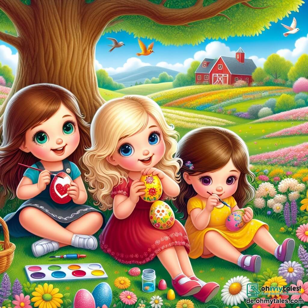 Drei kleine Mädchen, Mia, Lotte und Emma, sitzen auf einer sanften grünen Wiese unter einem großen Baum. Mia, ein 7-jähriges Mädchen mit braunen Haaren und runden Brillen, malt ein rotes Ei mit einem Herzen. Neben ihr dekoriert Lotte, ebenfalls 7 Jahre alt, mit blonden Haaren und einem gelben Kleid, ein gelbes Ei, das eine Sonne darstellt. Schließlich streut die 6-jährige Emma mit braunen Haaren und einem kleinen Zopf Glitzer auf ein buntes Ei, ihr Gesicht strahlt vor Freude. Der Ort ist ein schöner Bauernhof im Frühling, umgeben von bunten Blumen, einem klaren blauen Himmel und zwitschernden Vögeln in den Bäumen. Im Hintergrund sieht man eine kleine rote Scheune und ein grünes Feld. Die Hauptsituation zeigt die drei Freundinnen, die fröhlich ihre Ostereier dekorieren, umgeben von lebhaften Farben und Lachen, während ein neugieriger kleiner Hase sie hinter einem Busch beobachtet, bereit, sie zu einer schokoladigen Überraschung zu führen.