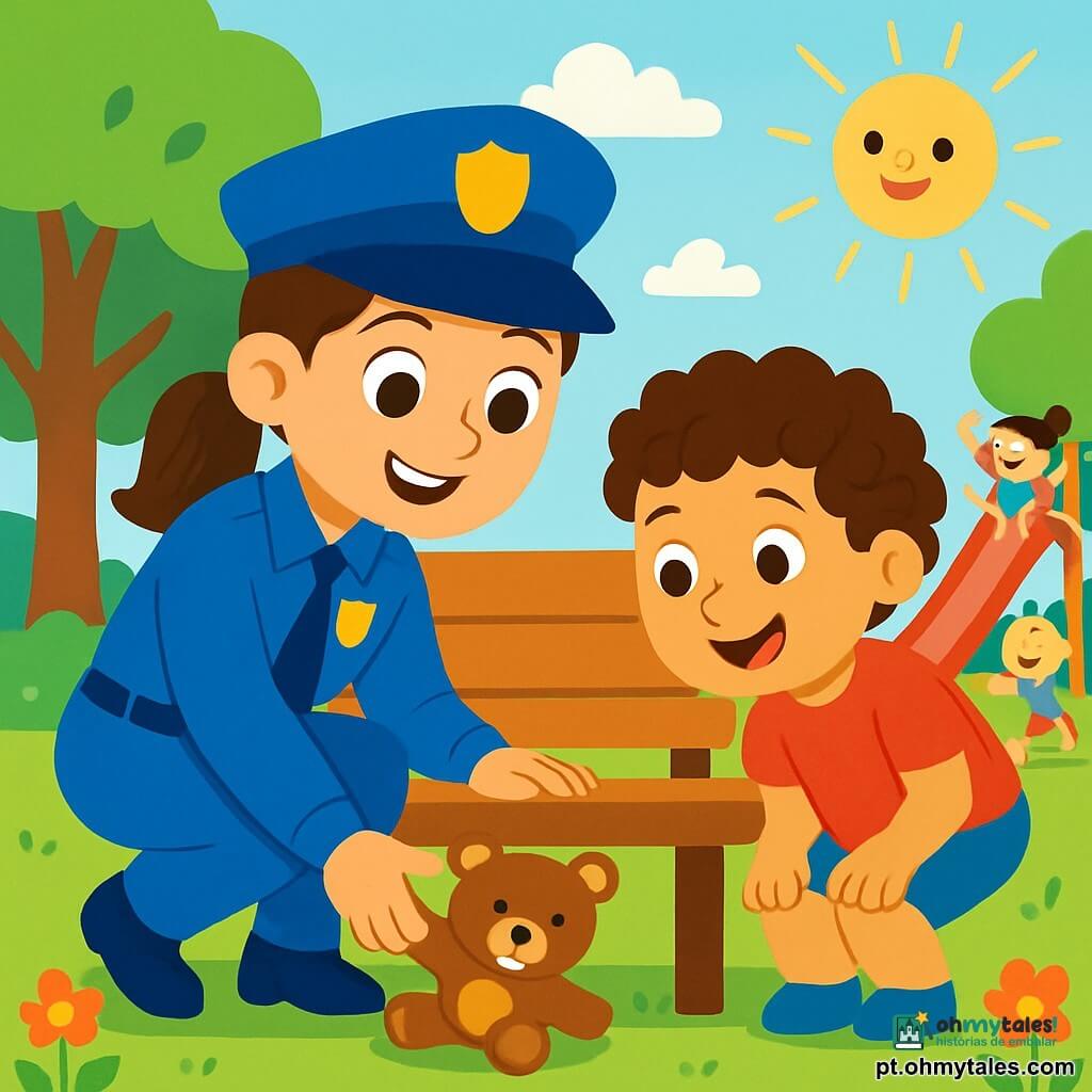 Uma policial sorridente, na casa dos trinta anos, veste um uniforme azul vibrante e um chapéu. Ela tem cabelos castanhos presos em um rabo de cavalo e olhos brilhantes de determinação. Ela está agachada, procurando um ursinho de pelúcia debaixo de um banco em um parque ensolarado. Ao lado dela, um menino de 5 anos, chamado Tiago, tem cabelos cacheados e usa uma camiseta vermelha. Ele olha com esperança debaixo do banco, com as mãos nos joelhos e um sorriso de empolgação no rosto. O parque está cheio de árvores verdes com folhas brilhantes, flores coloridas e um grande escorregador vermelho. Crianças brincam ao redor, rindo e se divertindo. A policial e Tiago procuram juntos o ursinho de pelúcia perdido, criando um momento de cumplicidade e aventura em um dia ensolarado.
