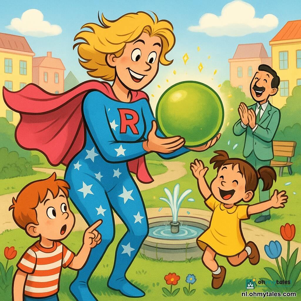 Een vrouwelijke superheld, Super Juf Roos, glimlachend en zelfverzekerd met een felroze cape die wappert, rommelig blond haar en een lichtblauw kostuum met witte sterren, vangt zacht een grote groene magische bal. Een meisje van ongeveer 6 jaar met bruine dotjes en een gele jurk klapt en springt rechts bij de fontein. Een jongen van ongeveer 7 jaar met rood haar en een rood-wit gestreept shirt wijst verbaasd naar de bal links iets naar voren. Een volwassen man (de burgemeester) met een dunne snor en lichtgroen pak applaudisseert blij op het trottoirtje bij een bank op de achtergrond. De magische bal is appelgroen, licht doorschijnend met kleine gouden vonkjes en ligt nu rustig in de handen van de superheldin. De locatie is een zonnig stadspark met groen gazon, rode en blauwe tulpen, een ronde stenen fontein die zacht spat, pastelkleurige gevels en zachte wolkjes aan een blauwe lucht. De hoofdscène toont de superheldin die de kinderen beschermt en de stuiterende bal bij de fontein opvangt; vrolijke sfeer, felle kleuren, afgeronde vormen en vriendelijke uitvergrote gezichtsuitdrukkingen voor kleintjes.