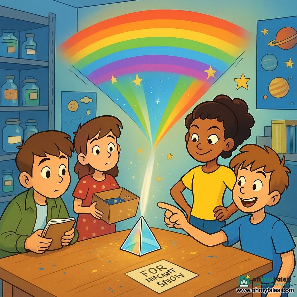 Four children: Milo, ~10, short brown hair, curious eyes, wearing a khaki jacket, crouched left of the lab table holding an open detective notebook; Zara, ~10, black curly hair in a ponytail, yellow T-shirt, standing center-right with hands on hips and a mischievous look toward the glass prism jar; Ben, ~10, tousled light-brown hair, blue T-shirt, right of the table, smiling and pointing at the jar relieved; Poppy, ~8, short brown hair, polka-dot dress, slightly behind Milo left, holding an open cardboard box spilling glitter and beads, shyly embarrassed. Bright science club room with paint-stained wooden tables, metal shelves of labeled jars, colorful posters of planets and the water cycle, an open cupboard with poster rolls, light tiled floor speckled with glitter. A glass prismatic jar on the central table emits a white beam that splits into a vivid rainbow on the ceiling; glitter traces, a folded note reading FOR THE LIGHT SHOW partly visible, and paper stars on the wall surround it; joyful discovery and reconciliation moment, 90s cartoon style, saturated colors, bold outlines and exaggerated expressions.