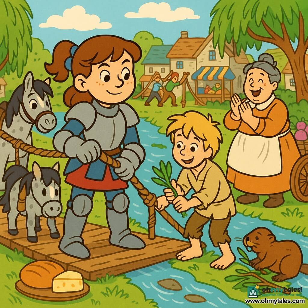 A young female knight with a round freckled face, brown hair tied with a blue ribbon and a gentle determined smile stands on a small wooden suspension bridge holding a thick repaired rope while villagers pull a new well-knotted rope across it to repair the bridge; beside her a roughly ten-year-old shepherd boy named Toma with tousled blond hair and dirt-stained linen offers willow branches at the bridge edge, the mayor Hettie, a plump woman of about 45 with flour on her apron and greying hair in a bun, claps joyfully from the bank near a cart of turnips, a small dapple gray pony called Starling is hitched behind the knight with a visible leather saddlebag, a brown beaver chews on a pile of willow branches a few meters downstream, baskets of bread and cheese wait on the shore, and stone houses, colorful market stalls, green banks and leaning willows frame the scene under a clear sky with a few soft clouds.