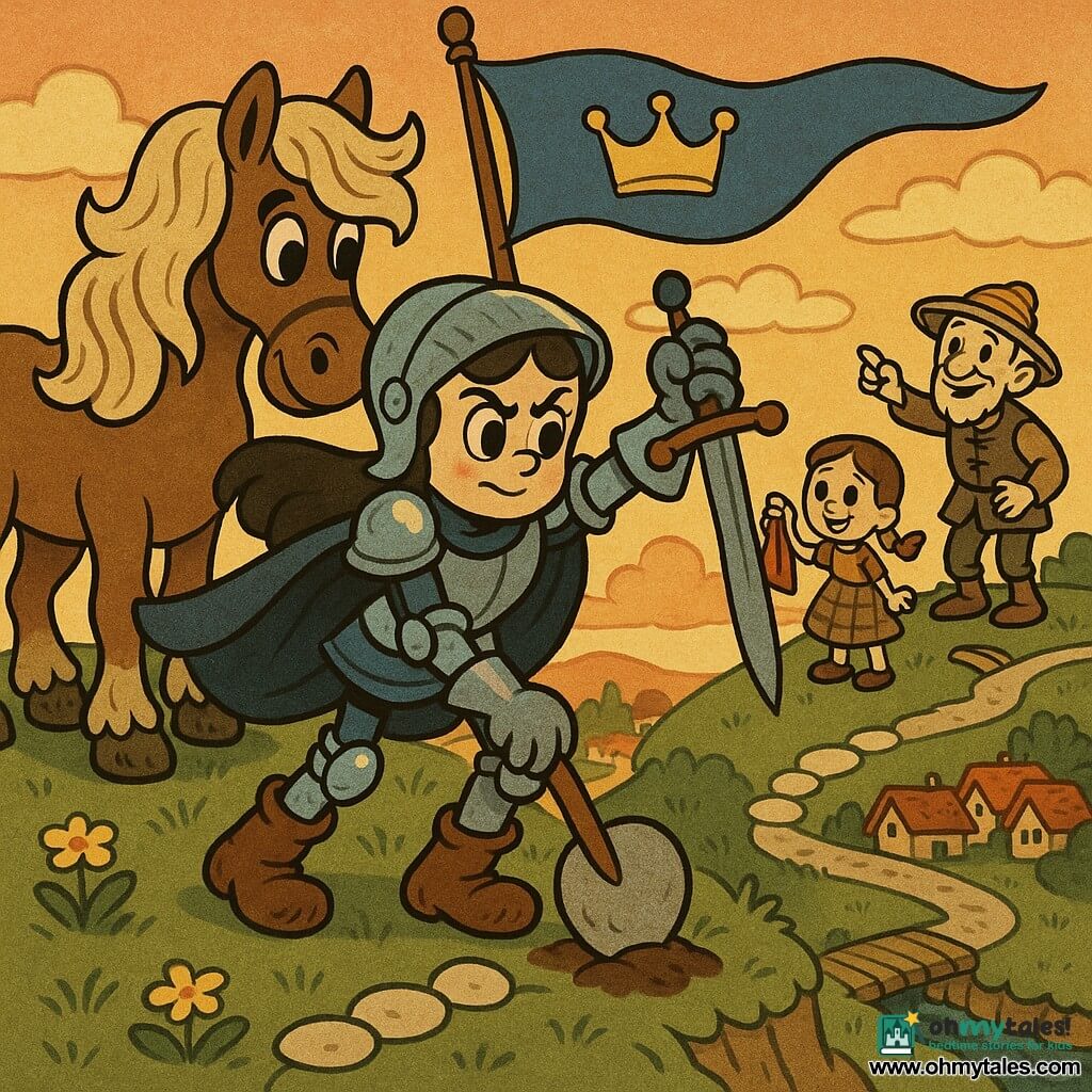 The female knight stands at the center with a determined gentle face, wearing polished silver armor with blue highlights, a deep blue cape billowing, muddy leather boots, and planting a round stone marker with a small wooden shovel while hoisting a blue banner bearing a golden crown; behind her the powerful horse Starhoof with a thick mane and muddy hoof nuzzles her leg; a young girl with brown braids in a simple checked dress holds a red cloth aloft a few paces to the right, amazed, and an older man in a patched tunic and straw hat points toward the road with a grateful smile in the background; the scene is a grassy hilltop at dusk with short grass and yellow flowers, a row of white stones forming a path, a broken log footbridge below and colorful village roofs in the distance, warm sunset colors, child-friendly centered composition.