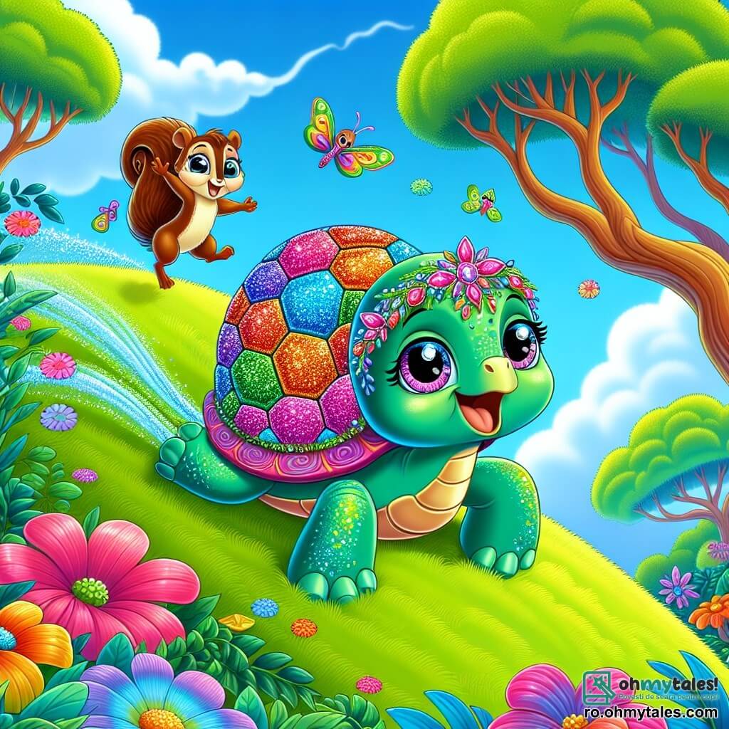 O broască țestoasă pe nume Tita, cu un carapace strălucitoare și colorată, stă pe vârful unui deal verde, cu o privire uimită și veselă, pregătită să se lase purtată de vânt. Lângă ea, o veveriță mică pe nume Zizi, cu blană brună și ochi sclipitori, sare din ramură în ramură, încurajând-o pe Tita cu un zâmbet larg. În fundal, un cer albastru strălucitor este presărat cu nori pufoși, în timp ce flori colorate și copaci majestuoși înconjoară locul, creând o atmosferă magică și jucăușă. Tita, plină de curaj, se pregătește să alunece pe panta dealului, cu vântul în branhii, gata să trăiască o aventură palpitantă.