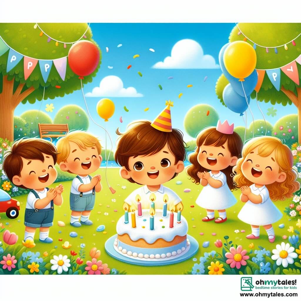 In a sunny park, four children are playing together. Toby, a three-year-old boy with brown hair and sparkling eyes, is in the center, smiling with a birthday cake in front of him. To his right, Lily, a three-year-old girl with curly golden hair, is clapping joyfully. On the left, Max, a three-year-old boy in a red wheelchair, is laughing as he throws a yellow balloon into the air. Finally, Bella, a three-year-old girl with brown hair and gentle eyes, is singing happily while holding a blue balloon. The park is filled with colorful flowers, tall green trees, and a soft, welcoming lawn. The sky is bright blue with a few fluffy white clouds. The main scene shows Toby blowing out the candles on his birthday cake, surrounded by his friends who are singing and laughing, creating a festive and joyful atmosphere.