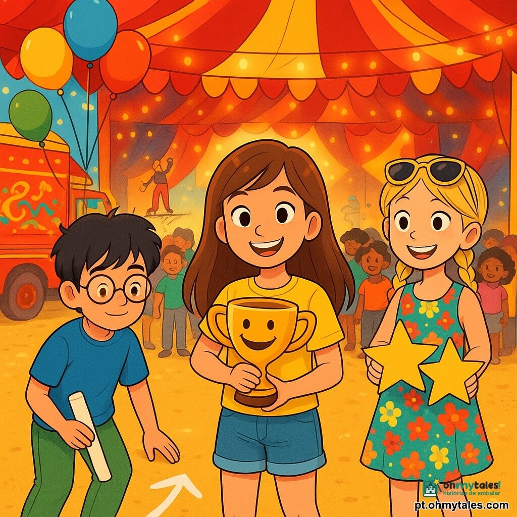 Há 3 personagens: - Lina: uma menina de 11 anos com cabelos longos e castanhos e olhos brilhantes. Ela usa uma camiseta amarela e um short jeans. Ela está no centro, sorrindo, segurando um troféu em forma de boca sorridente. - Ravi: um menino de 11 anos com cabelos pretos bagunçados e óculos redondos. Ele veste uma camiseta azul e uma calça verde. Ele está à esquerda de Lina, segurando um grande pedaço de giz, pronto para desenhar no chão. - Bia: uma menina de 11 anos com cabelos loiros trançados e óculos de sol na cabeça. Ela usa um vestido colorido com flores e está à direita de Lina, segurando estrelas de papel que está pronta para distribuir. O local é sob um grande picadeiro de circo, com cores vibrantes de vermelho e amarelo, e luzes brilhantes iluminando o espaço. O chão é coberto de serragem dourada, e balões flutuam no ar, criando uma atmosfera festiva. Ao fundo, vêem-se caminhões decorados com padrões vibrantes e artistas se aquecendo. A cena principal mostra Lina, Ravi e Bia organizando uma fila alegre para o circo, com crianças de todas as cores esperando ansiosamente. Lina sorri segurando o troféu, enquanto Ravi desenha setas no chão e Bia distribui estrelas, criando uma atmosfera de camaradagem e alegria.