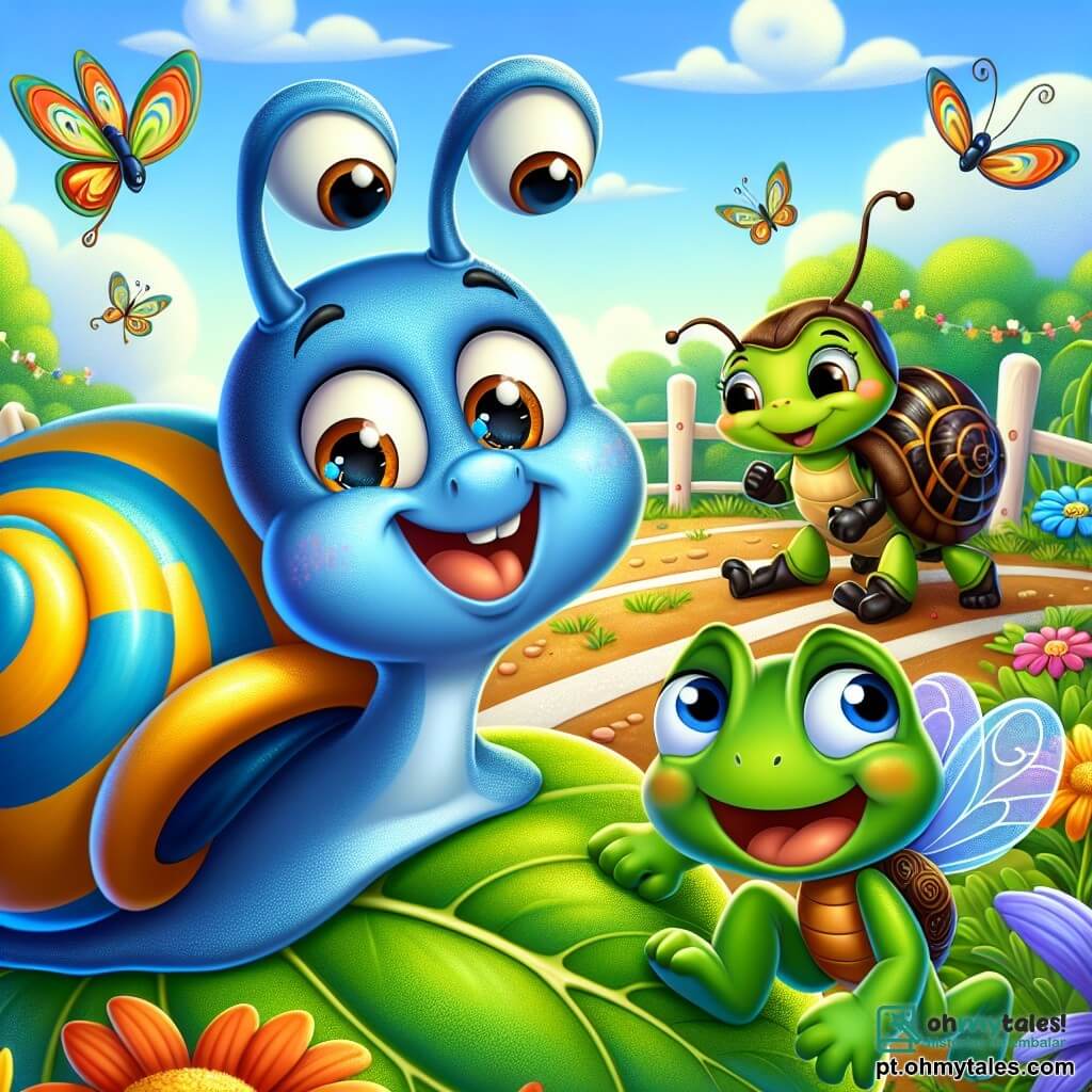Um pequeno caracol chamado Carlos, com uma grande concha listrada de azul e amarelo, sorri alegremente enquanto está em pé sobre uma folha verde, os olhos brilhando de excitação. Ao lado dele, uma rápida formiga chamada Ana, com antenas tremulantes e um corpo preto brilhante, ri agitando suas patas, pronta para correr. Não longe, há um sapo alegre chamado Pedro, com uma pele verde brilhante e olhos redondos, que salta de alegria, as patas traseiras no ar, exibindo um grande sorriso. Por fim, uma sábia tartaruga chamada Tita, com uma carapaça marrom e olhos suaves, os observa com um sorriso benevolente, sentada tranquilamente sobre uma pedra. O cenário é um jardim colorido, repleto de flores vibrantes, borboletas voando e um céu azul claro, criando uma atmosfera alegre e ensolarada. A situação principal mostra os quatro amigos se preparando para uma corrida divertida, rindo juntos e trocando incentivos, ilustrando o espírito de amizade e camaradagem.