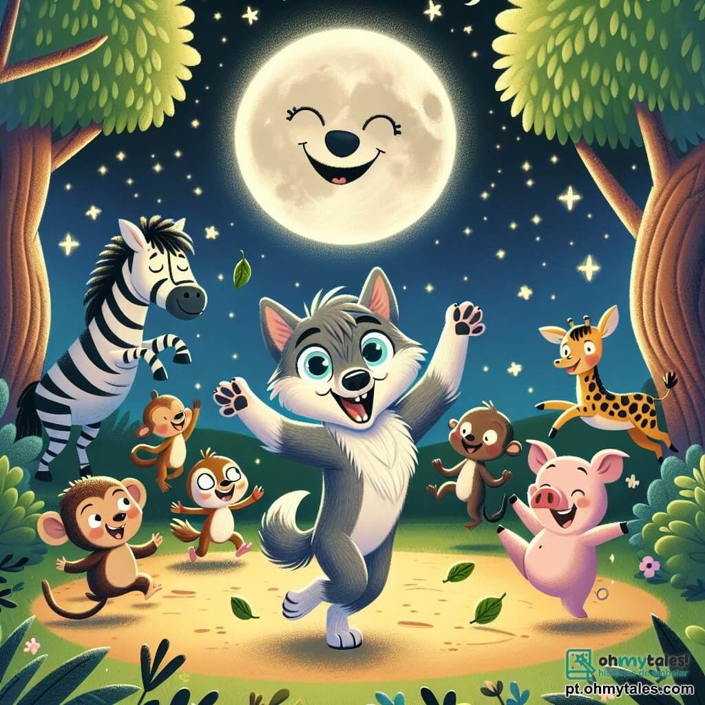 Um lobo chamado Léo, com pelagem cinza e olhos brilhantes de curiosidade, dança alegremente no meio de uma clareira sob a lua brilhante, com um grande sorriso no rosto. Ao seu lado, um pequeno macaco chamado Tico, com pelagem marrom e olhos travessos, pula de alegria, segurando uma folha como um chapéu. Um grupo de pequenos animais, incluindo uma zebra com listras pretas e brancas, uma coelhinha vaidosa com grandes orelhas e um porquinho rosa, os rodeia, todos rindo e dançando juntos. A clareira é cercada por árvores majestosas com folhas verdes vibrantes, e estrelas brilham no céu noturno. A cena retrata uma festa animada onde todos os animais se divertem, dançam e riem juntos, criando uma atmosfera alegre e festiva.