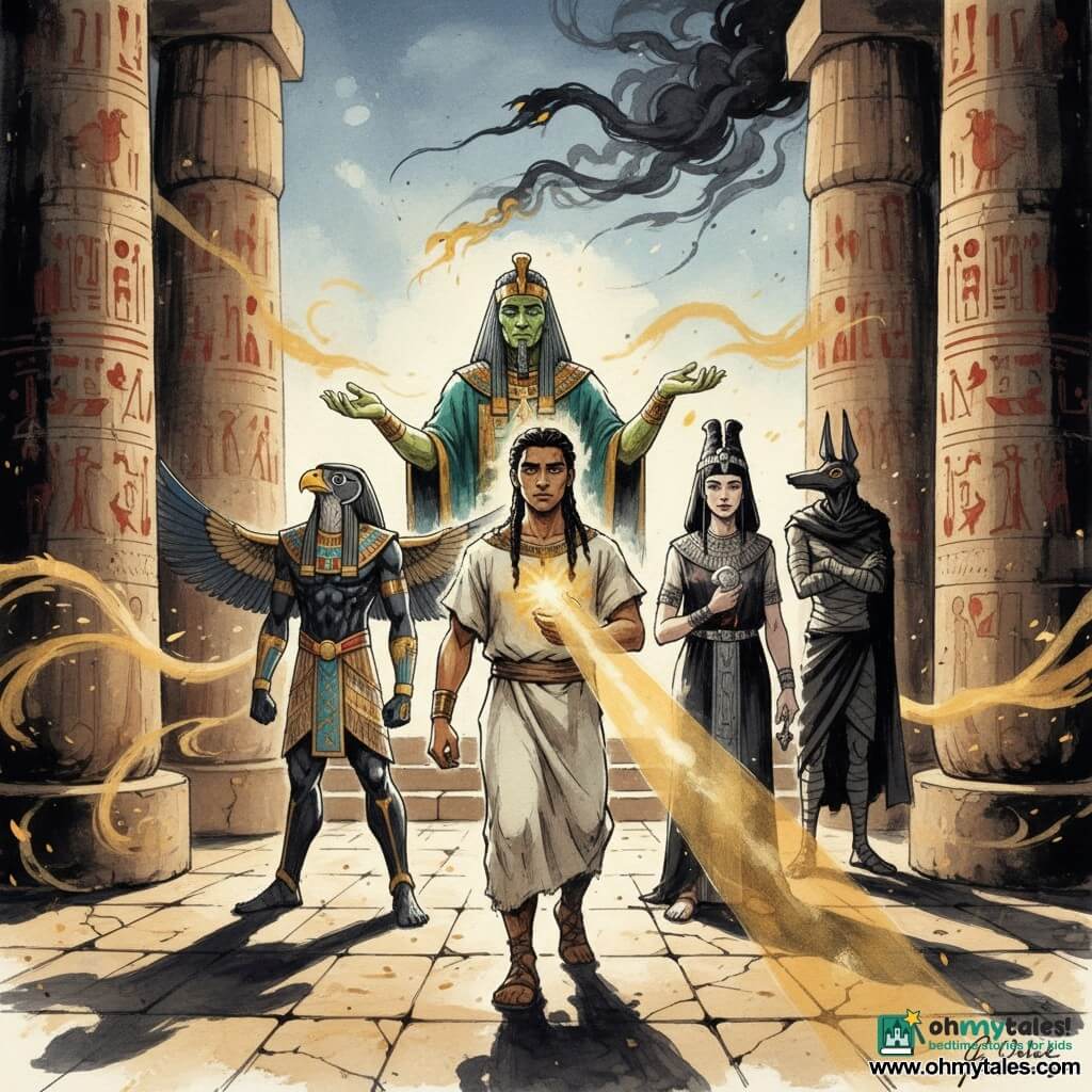Amari, a determined young scribe (20–25) with braided black hair and sun-kissed skin, stands at Karnak Temple at dusk in a dust-streaked ecru linen robe, holding an ancient glowing scroll that projects a golden beam from his chest through a distant serpentine shadow; behind him on a dais stands the regal, green-tinged Osiris in emerald-and-gold robes with an open palm in support, to his left Horus—an adult with a stylized falcon head, blue-and-gold breastplate and half-spread wings—guards, to his right Isis—fair-skinned with an elaborate coiffure and dark jewel-adorned robe—clutches a small protective magical artifact, while Anubis, lanky with a jackal head and funerary black cloak, watches with arms crossed; massive sandstone columns carved with red-and-black hieroglyphs, cracked stone flooring, torchlight casting long shadows and swirls of golden sand complete the dramatic, high-contrast composition.