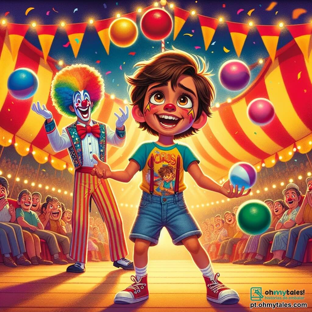 Um garoto de 10 anos, Miguel, está no centro da imagem, com um grande sorriso no rosto. Ele tem cabelos castanhos bagunçados, olhos brilhantes de alegria e veste uma camiseta colorida com estampas de circo e um short de jeans. Ele está jonglando com três bolinhas coloridas, com os braços levantados e o corpo inclinado para frente, mostrando seu entusiasmo. Ao lado dele, Pipo, o palhaço, um homem de cerca de 30 anos, faz caretas. Ele tem um nariz vermelho, uma peruca colorida e um traje listrado. Ele está um pouco atrás, rindo e incentivando Miguel com gestos exagerados. O cenário é um circo vibrante, com tendas listradas vermelhas e amarelas, luzes brilhantes e espectadores maravilhados ao fundo. Confetes flutuam no ar, adicionando à atmosfera festiva. A cena principal mostra Miguel, cheio de determinação e alegria, jonglando sob os aplausos do público, enquanto Pipo, o palhaço, o incentiva com entusiasmo, criando uma atmosfera mágica e alegre.