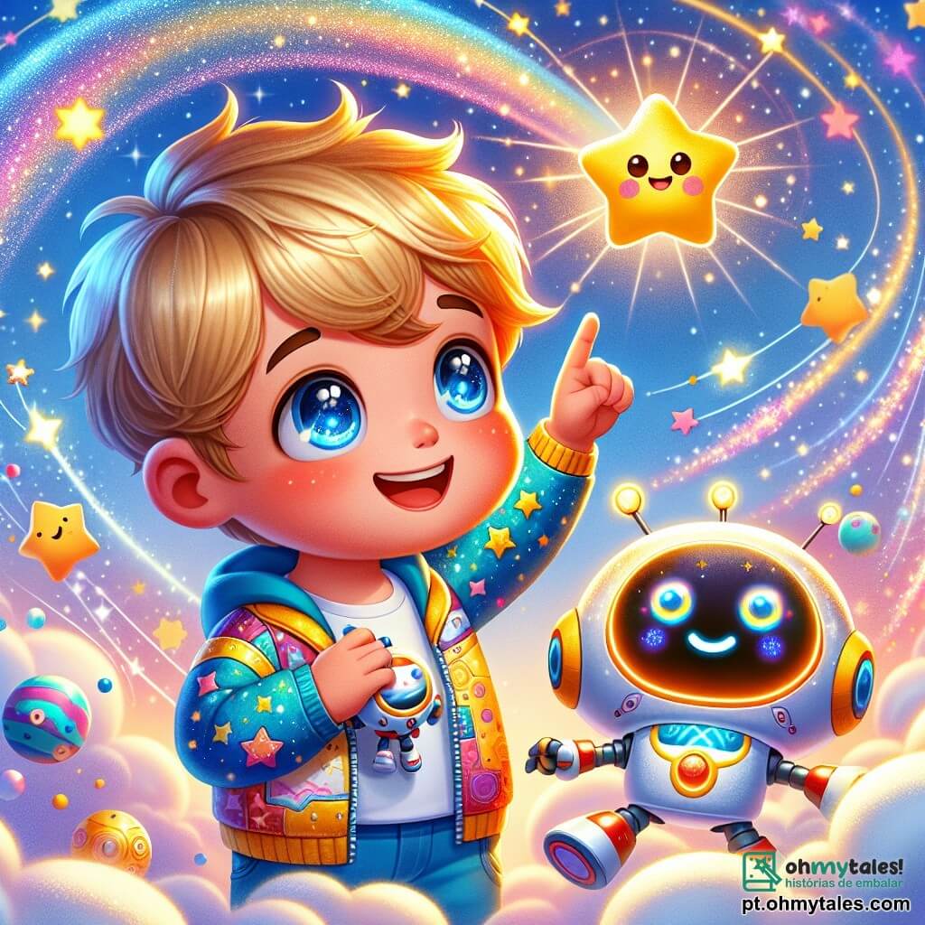 No centro da imagem, um garoto de 6 anos chamado Léo, com cabelos dourados que brilham como o sol e olhos azuis cintilantes, sorri maravilhado ao olhar para uma estrela brilhante. Ele veste um traje espacial colorido, decorado com padrões de estrelas e planetas, e segura um pequeno robô divertido em seus braços. Ao lado dele, seu amigo robô Riri, que tem uma forma redonda e luzes piscantes, dança alegremente, acrescentando um toque de magia à cena. O cenário é um universo encantado cheio de estrelas coloridas dançantes e planetas de tons vibrantes. A situação principal mostra Léo e Riri brincando de esconde-esconde com estrelas cintilantes, que se escondem atrás de nuvens fofas, enquanto Léo conta com entusiasmo. A imagem captura o encantamento e a magia da exploração intergaláctica, com brilhos de luz e cores vivas que iluminam a cena.