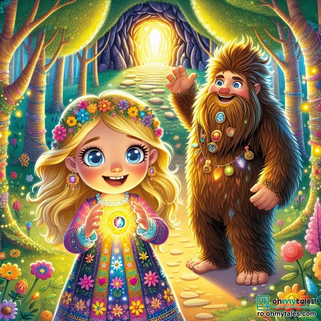 O fetiță de 8 ani, pe nume Iulia, stă în centrul imaginii, cu părul blond strălucitor și ochii albaștri plini de curiozitate. Ea poartă o rochie colorată împodobită cu flori și zâmbește entuziast, ținând în mâini o piatră magică strălucitoare. Lângă ea, un Căpcăun prietenos, mare și pufoș, cu un zâmbet cald, o încurajează cu un gest al mâinii, arătându-și sprijinul. În fundal, o pădure fermecată se întinde, plină de copaci majestuoși cu frunze verzi strălucitoare și flori multicolore care strălucesc sub soare. Scena se desfășoară în fața intrării unei peșteri misterioase, de unde se zărește o strălucire aurie emanând din interior. Iulia și Căpcăunul se pregătesc să intre în peșteră pentru a înfrunta un dragon, hotărâți să recupereze bijuteriile magice furate de zâni.
