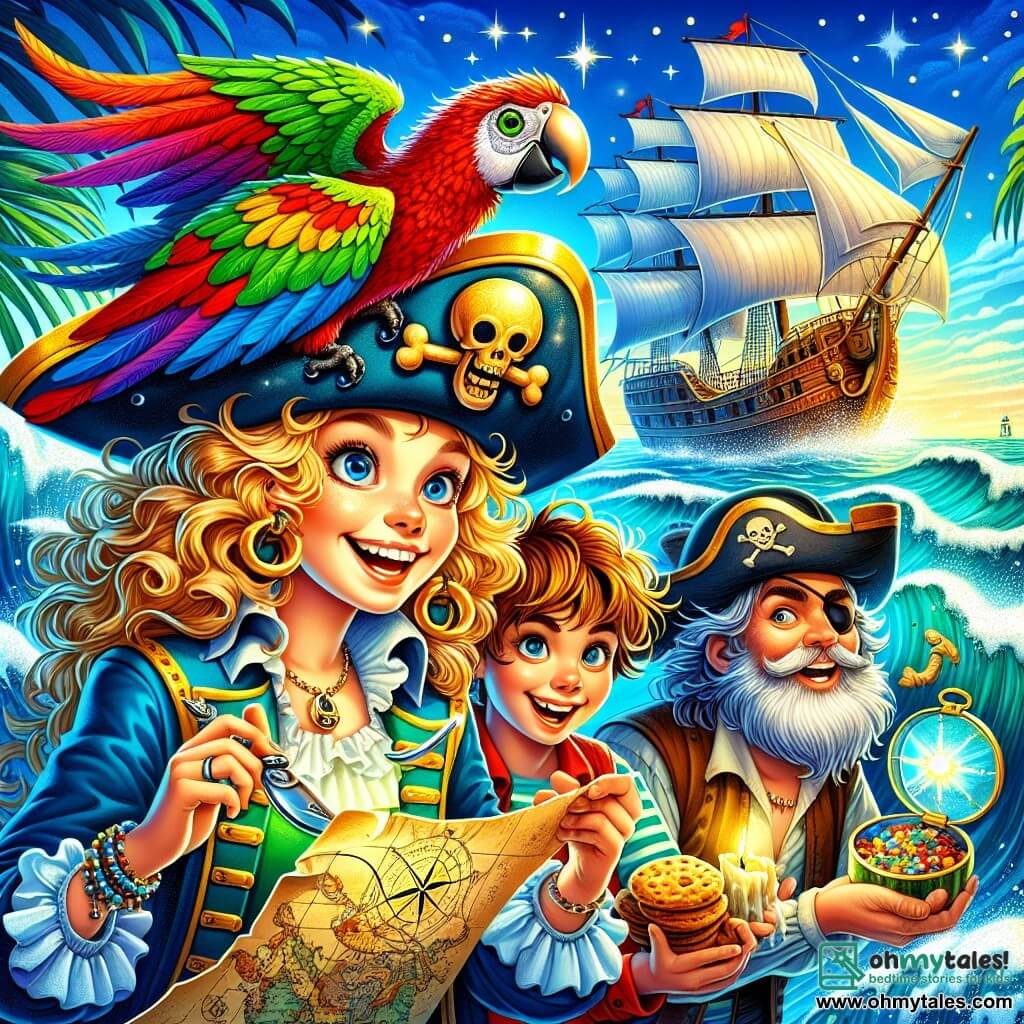 Cap'n Molly, a curly-haired blonde pirate, wears a large tricorn hat adorned with colorful feathers. Her face radiates excitement and determination as she holds a treasure map in her hands. Beside her, Sammy, a parrot with bright green and red feathers, perches on her shoulder, chirping happily. A little further away, First Mate Jin, a 12-year-old boy with round glasses and a mischievous smile, examines a shiny compass, while Cookie, a burly man in his fifties with a white beard, prepares cookies on the deck of the ship.

The scene takes place on the deck of "The Starfish Surprise," with bright blue sails fluttering in the wind and sparkling waves under a sunny sky. The sea is a vivid blue, and seagulls fly above, adding to the joyful atmosphere of adventure.

Molly and her crew are getting ready to embark on an adventure, studying the treasure map that promises incredible discoveries on mysterious islands.