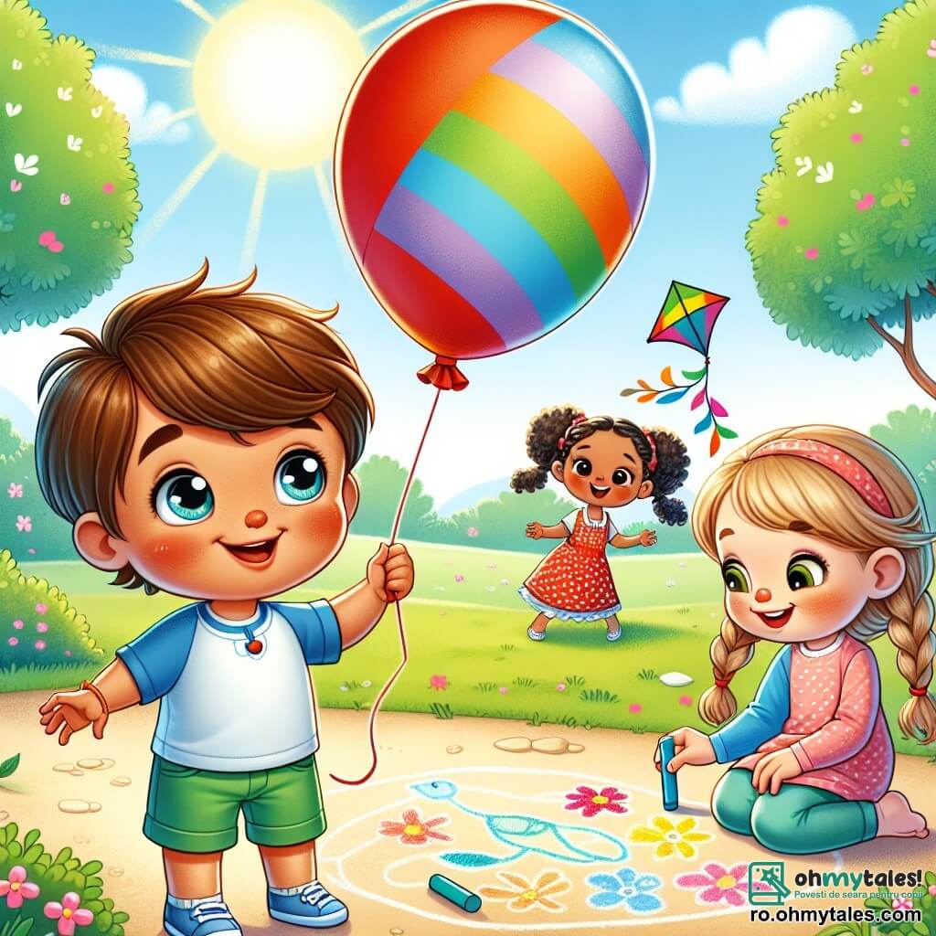 Un băiat de 4 ani, Andrei, cu părul brun și ochii strălucind de curiozitate, stă în parc, ținând un balon roșu care plutește deasupra lui. Fața lui radiază de bucurie și uimire în timp ce privește un zmeu colorat care se înalță pe cer. Lângă el, Amir, un băiat de 5 ani cu părul negru și pielea ușor bronzată, ține sfoara zmeului, zâmbind cu mândrie. Poartă un tricou albastru și o pereche de pantaloni scurți verzi, stând puțin înaintea lui Andrei. Mai încolo, Elena, o fetiță de 4 ani cu părul blond și împletituri, este așezată pe jos, desenând cu crete colorate. Are pielea deschisă și poartă o rochie roz cu buline. Desenele ei de flori și animale împodobesc solul din jur, adăugând culoare scenei. Parcul este verde, plin de copaci măreți, flori strălucitoare și un cer albastru. Copiii se joacă și râd în fundal, creând o atmosferă veselă. În această ilustrație, Andrei, Amir și Elena împărtășesc un moment de fericire și prietenie, celebrând diversitatea prin jocurile și creațiile lor artistice.