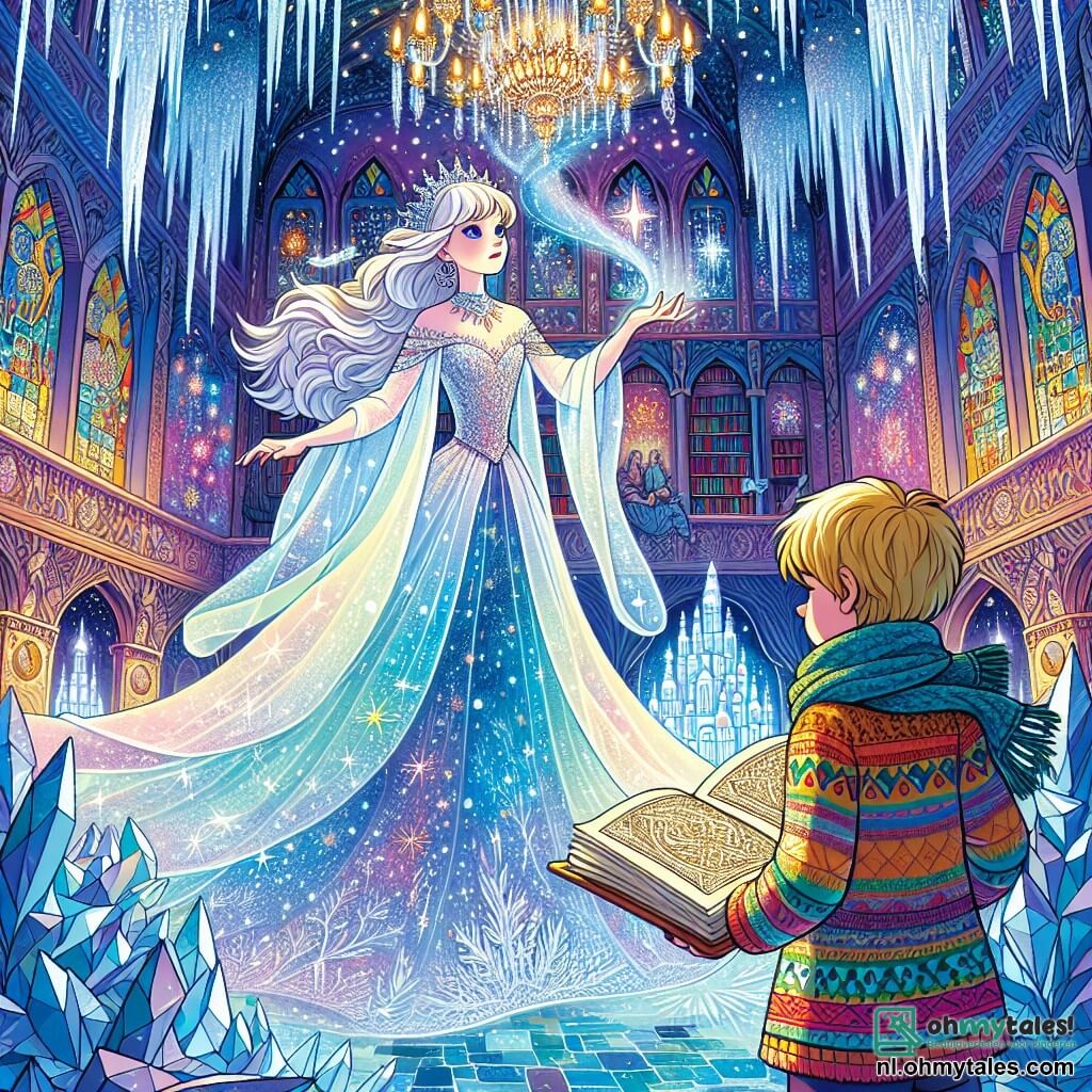 De IJskoningin, een vrouw van etherische schoonheid, draagt een schitterende jurk van ijskristallen die het licht weerkaatsen als sterren. Haar gezicht is zowel majestueus als melancholisch, met diepblauwe ogen die een zachte verdriet uitdrukken. Ze staat in het midden van haar kristallen paleis, met open armen, alsof ze een nieuwe magie verwelkomt. Naast haar staat een jongen van ongeveer 10 jaar, met rommelig blond haar en nieuwsgierige ogen, die de scène vol verwondering observeert. Hij draagt een kleurrijke wollen mantel die contrasteert met de kou van de omgeving. Het paleis is een waar meesterwerk van kristal, met fonkelende muren die lijken te trillen onder het licht van een noorderlicht. Sneeuwvlokken dansen in de lucht, wat een feeërieke en magische sfeer creëert. IJsbeelden sieren de hoeken, en kristallen kroonluchters hangen aan het plafond, die een zachte en warme gloed verspreiden. De hoofdsituatie toont de IJskoningin die een oud grimoire ontdekt dat voor haar zweeft, met pagina's die vanzelf omslaan en verhalen van transformatie en magie onthullen. De scène is doordrenkt met een gevoel van verwondering en belofte, terwijl de koningin begint te beseffen dat ze haar lot kan veranderen.