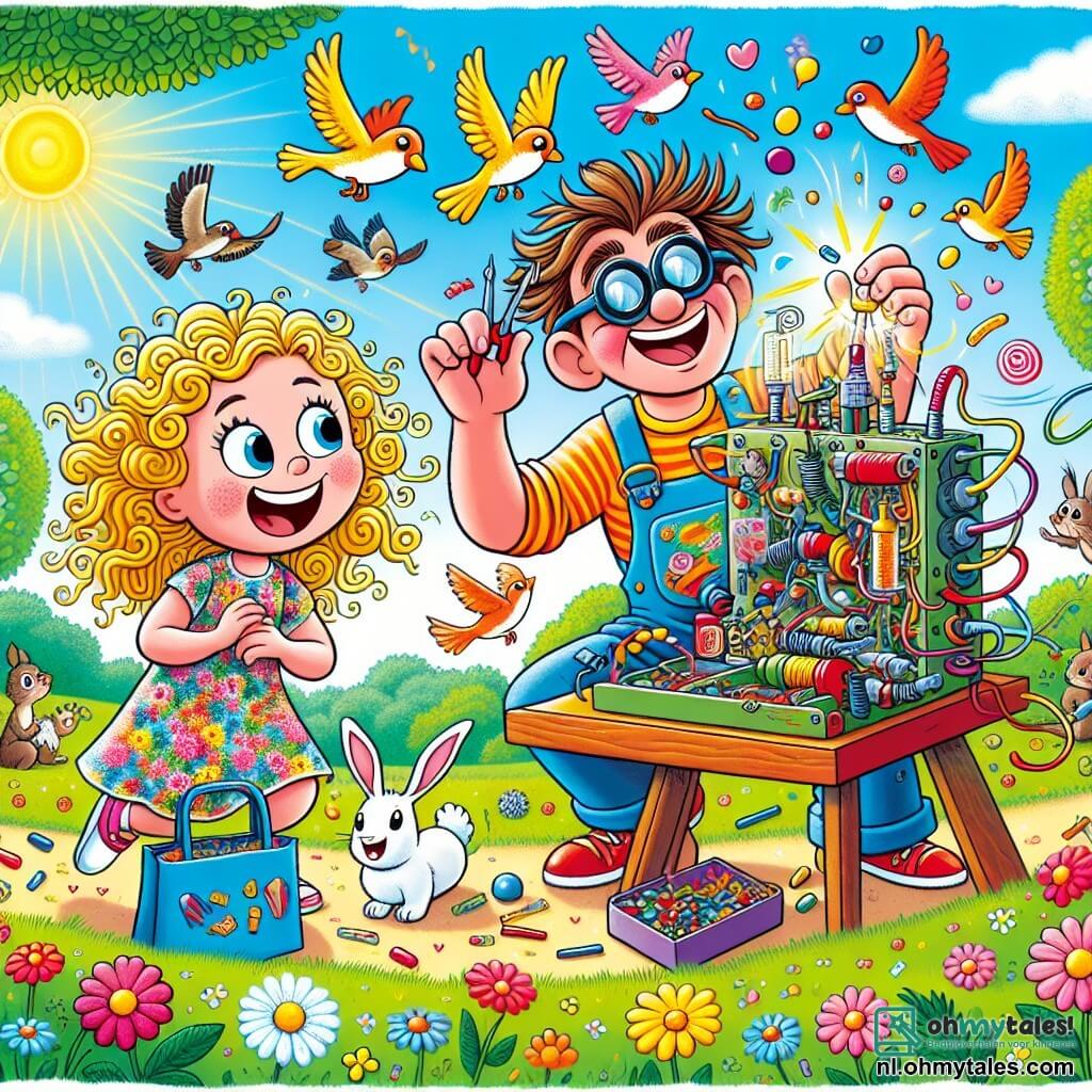 Een blije man, Meneer Knots, met messy haar en een grote glimlach, danst om zijn grappige uitvinding, de "Vogelsnackvinder 3000". Hij draagt een kleurrijke overall vol gereedschap en ronde brillen die van zijn neus glijden. Naast hem kijkt een meisje van ongeveer 8 jaar met krullend haar, gekleed in een bloemenjurk, verwonderd naar de vogels die om de doos vliegen. Ze houdt een zak snoep vast, klaar om het met de dieren te delen. De locatie is een zonnig park vol kleurrijke bloemen en groene bomen, met zingende vogels die door de blauwe lucht fladderen. Op de achtergrond komen nieuwsgierige dieren, zoals konijnen en eekhoorns, dichterbij, aangetrokken door de felle kleuren van de uitvinding. De hoofdscène toont Meneer Knots die de vogels om zijn machine laat dansen, die lichtflitsen en snoepconfetti uitstoot, wat een feestelijke en vrolijke sfeer creëert.