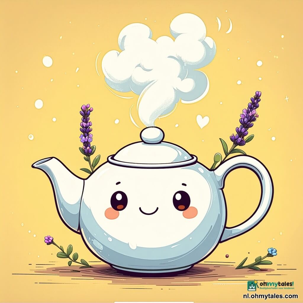 Hoofdpersonage: een kleine glanzende witte porseleinen theepot met een groot rond deksel en een sierlijk gebogen tuitje als een glimlach, vriendelijke cartoonachtige zwarte ronde ogen, die zachte gekleurde stoomwolken uitgiet. Bijpersonage 1: Pluim, een lavendelkleurig, donzig drieoog wezen, glimlachend en verwonderd, houdt lavendelblaadjes bij de stoom, links van de theepot. Bijpersonage 2: Rako, een lang, opgeblazen koraalkleurig wezen met lintachtige armen, geconcentreerd, blaast een glanzend windspoor onder de anderen zodat ze zweven, achteraan rechts. Bijpersonage 3: een groepje kleine Maanzee‑buitenaardse wezentjes met glanzende schubben van blauw naar groen, verlegen maar nieuwsgierig, zittend in een kring op afstand en langzaam naderend. Locatie: een geurende daktuin met kleurrijke plantbedden van groen basilicum, paarse lavendel en oranje wortelrijen, glanzende latwerkstructuren en kleine lampjes als zwevende sterren, verweerde houten vloer. Hoofdsituatie: een tafereel van delen en verzoening: de theepot giet zachte, kleurige stoom die de bange aliens kalmeert; iedereen zweeft licht op Rakos wind, verbaasde gezichten veranderen in warme glimlachen, lichte en warme sfeer.