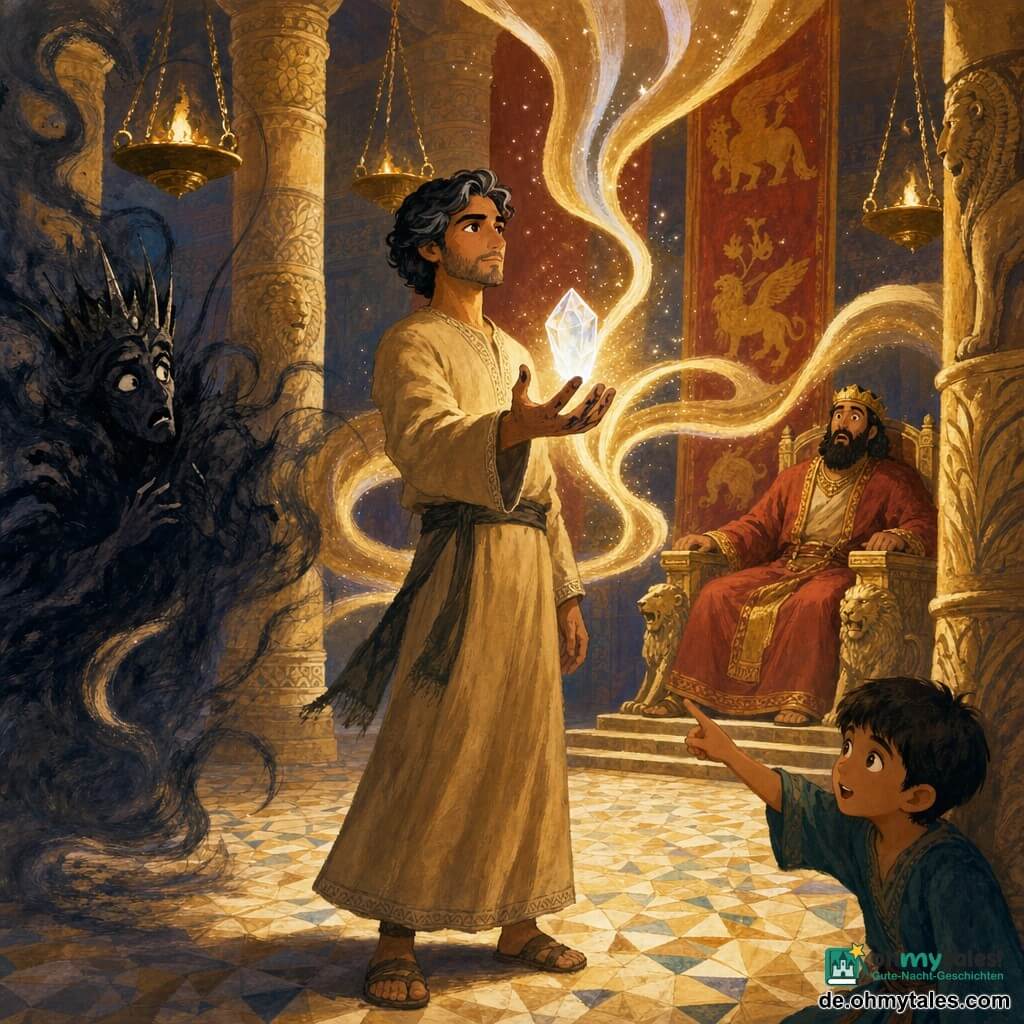 Ein erwachsener Mann, Arman, mit ruhigem, entschlossenem Gesicht, olivfarbener Haut, leicht ergrautem schwarzem Haar und tintenbefleckten Fingern, trägt eine sandfarbene lange Robe und hält ein kleines leuchtendes Kristall, das über seiner Handfläche schwebt; er blickt geradeaus, Haltung selbstbewusst, Ausdruck: ruhig und mutig. Rechts im Hintergrund sitzt ein erwachsener Mann, der König, auf einem Thron mit einfacher Krone, überrascht und respektvoll, die Hände auf den Armlehnen, Blick zu Arman. Links am Rand eine dunkle, dampfige Gestalt, der „König der Schatten“, aus schwarzem Rauch mit schattenhaften Fäden und einer Krone aus Nacht, weicht zurück, vom Licht getroffen, Ausdruck: überrascht und machtlos. Ein etwa achtjähriger Junge versteckt sich vorn an einer Säule, kurze Haare, weit geöffnete Augen, zeigt bewundernd auf das Licht. Ort: große Audienzhalle im Stil von Persepolis, heller Mosaikboden, massive Säulen mit Löwen- und Blumenreliefs, rote und goldene Wandbehänge, hängende Öllampen, warme Reflexe auf dem Stein. Haupthandlung: Arman entfesselt das Kristalllicht; goldene, perlige Lichtbänder steigen in Wirbeln auf und durchziehen den Raum, vertreiben Schatten, die in kleinen Splittern zerfallen; die Gesichter der Menge wandeln sich von Besorgnis zu Staunen. Stil: Gouache, gesättigte aber sanfte Farben, sichtbare Pinseltexturen, leicht verschwommene Konturen für eine magische, kindliche Wirkung, Komposition zentriert auf das leuchtende Kristall.
