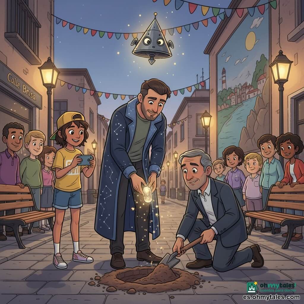Un hombre llamado Dario, sereno y afable, con barba corta y ojos grises, viste un largo abrigo azul noche con motivos plateados de constelaciones y coloca con cuidado una pequeña cápsula luminosa en un hoyo de tierra; a su izquierda, Nora, adolescente energética con gorra amarilla, graba con su móvil sonriendo; delante y algo a la derecha, el alcalde, de mediana edad y traje algo arrugado, arrodillado con una pala de madera, ayuda a cubrir la cápsula; flotando detrás del grupo, el pequeño robot extraterrestre Kir-7, cónico y metálico con ojos redondos, emite una suave luz dorada; la escena ocurre al crepúsculo en la Calle Brisa, una calle peatonal empedrada con guirnaldas, un gran mural y faroles encendidos, mientras pasanentes forman un semicírculo; acción principal: plantación de una semilla luminosa en tierra fresca, con gestos atentos y pequeñas chispas doradas en un ambiente solemne y cálido.