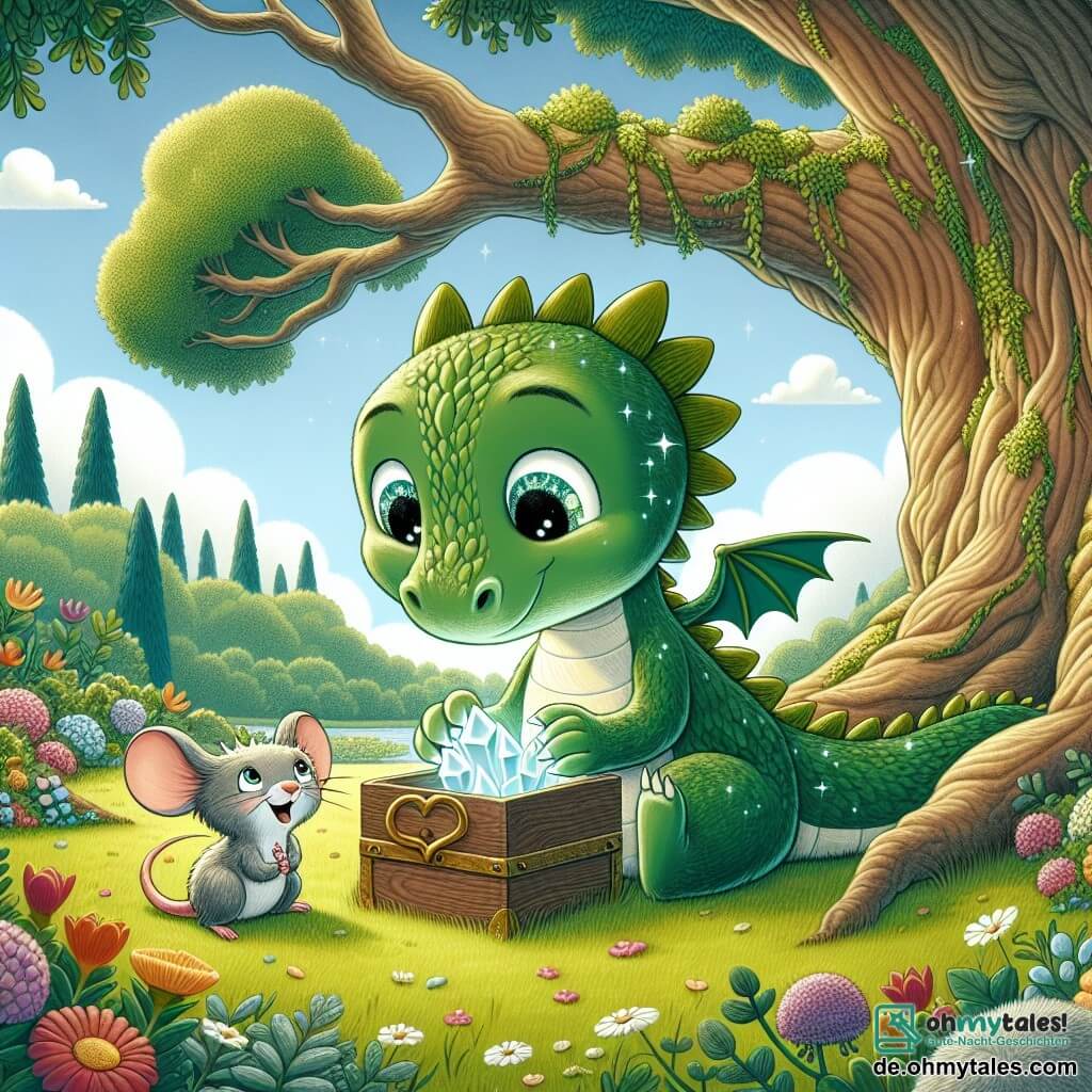 Ein kleiner Drache namens Flämmchen mit glänzend grünen Schuppen und neugierigen Augen sitzt unter einer großen alten Eiche und hält eine kleine Holzkiste in seinen Vorderpfoten, mit einem Ausdruck von Freude und Aufregung. Neben ihm lächelt eine kleine Maus namens Mimmi mit weichem grauen Fell und großen Ohren, voller Staunen über den entdeckten Schatz. Der Garten ist voller bunter Blumen, großer Bäume mit üppigem Laub und einem klaren blauen Himmel, der mit weißen, flauschigen Wolken übersät ist. Flämmchen und Mimmi haben einen wunderschönen, funkelnden Kristall in der Kiste gefunden und feiern ihre Entdeckung, umgeben von der Schönheit der Natur.