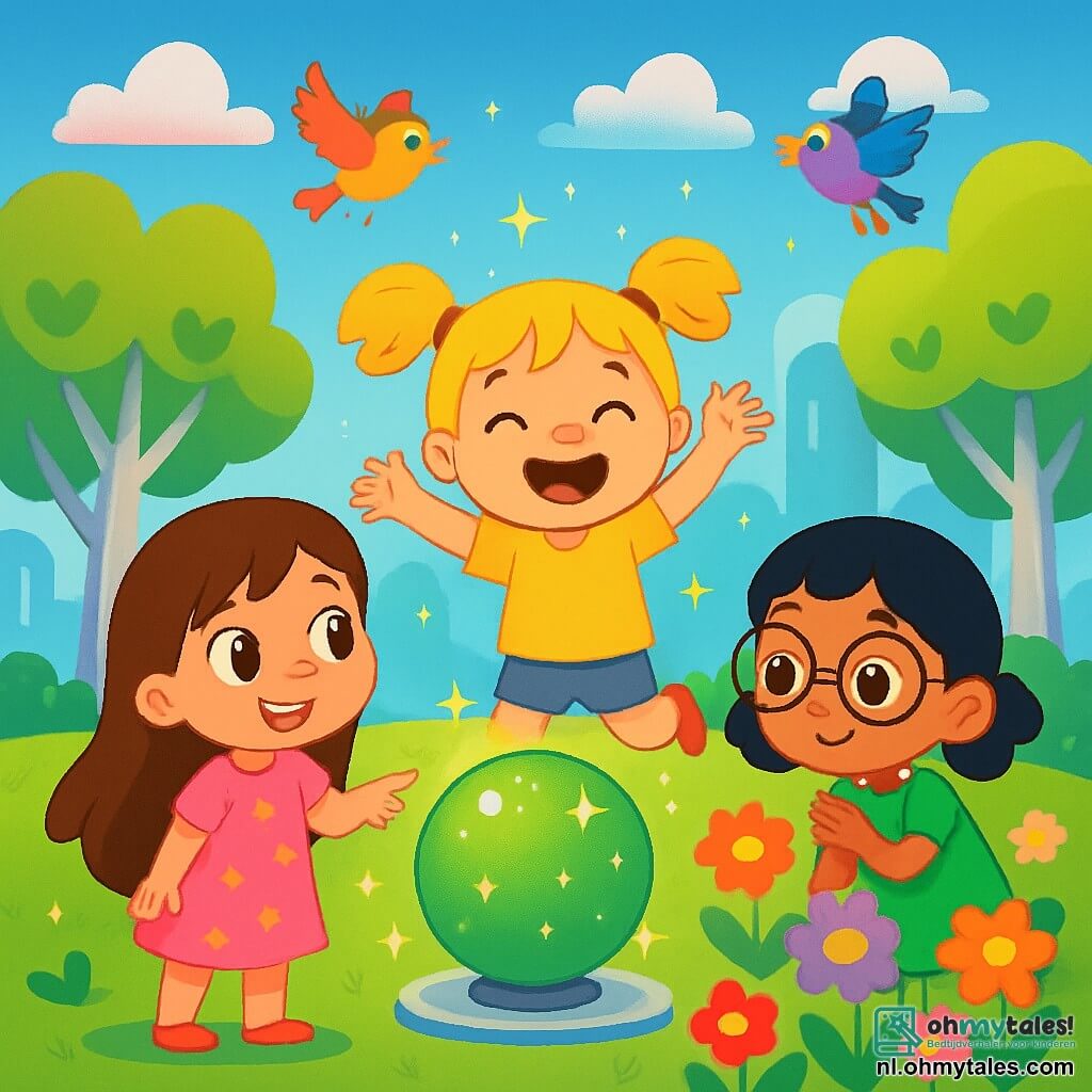 Er zijn 3 personages: - Mila: een 4-jarig meisje met lang bruin haar en sprankelende ogen. Ze draagt een roze jurk met sterren en staat links, glimlachend en wijzend naar de Groene Bal. - Tess: een 4-jarig meisje met blonde vlechten en stralende blauwe ogen. Ze draagt een gele t-shirt en een spijkerbroek, en staat in het midden, juichend met opgeheven armen. - Noor: een 4-jarig meisje met zwart haar en ronde brillen. Ze draagt een groene jurk en staat rechts, hurkend bij de bloeiende bloemen, verwonderd over hun schoonheid. De situatie speelt zich af in een futuristisch park in Glimlachstad, vol kleurrijke bloemen die onder de zon schitteren, met zilveren boomstammen en hartvormige bladeren. Multikleurige vogels vliegen rond en snoepvormige wolken drijven in een stralende blauwe lucht. In het midden van het park staat de Groene Bal, een grote glanzende groene bol die fonkelende vonken uitstraalt die de lucht verlichten. De hoofdactie van het verhaal toont de drie vriendinnen die de magie van de Groene Bal ontdekken. Mila drukt op de knop van de bal, en lichtdeeltjes ontsnappen, waardoor de bloemen gaan dansen en de lucht fris en geurend wordt. De meisjes zijn verwonderd en blij, en delen een moment van vriendschap en verwondering in deze betoverende wereld.