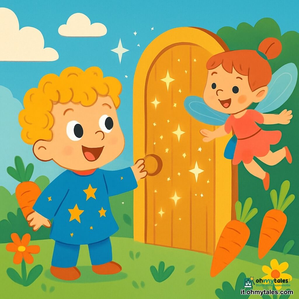 Un piccolo principe di nome Buffo, con capelli ricci dorati e un grande sorriso malizioso, si trova davanti a una porta magica scintillante nel suo giardino incantato. Indossa una tunica blu decorata con stelle brillanti e sembra meravigliato, con gli occhi spalancati dalla curiosità. Accanto a lui, una piccola fata con ali traslucide e colorate, di circa 6 anni, vola gioiosamente facendo delle piroette, aggiungendo un tocco di magia alla scena. Il giardino è pieno di carote vibranti che saltano e di fiori brillanti, sotto un cielo blu punteggiato di nuvole soffici. Buffo si prepara ad aprire la porta magica, intrigato da ciò che potrebbe rivelare, mentre la fata lo incoraggia con un sorriso scintillante.