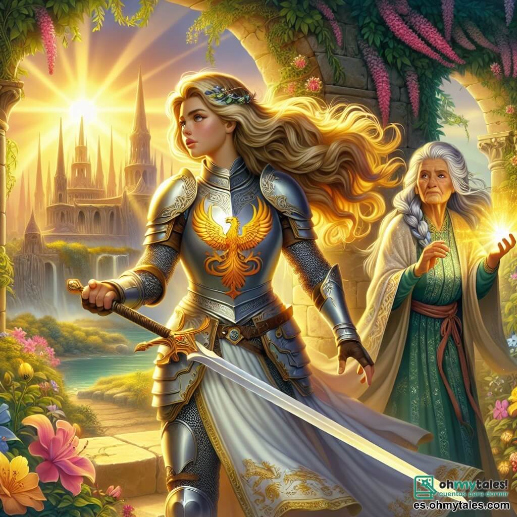 La escena muestra a Iselda, una joven caballera, con un rostro decidido y valiente, con largos cabellos dorados ondeando al viento. Lleva una armadura brillante adornada con un fénix en llamas en su pecho, blandiendo una espada reluciente, lista para defender su reino. A su lado está Maelis, una antigua sabia de unos 70 años, con cabello plateado trenzado y ojos que destilan sabiduría. Lleva un vestido de tela ligera decorado con motivos florales y sostiene un talismán luminoso en su mano, mirando a Iselda con orgullo y aliento. El decorado es un antiguo templo en ruinas, rodeado de flores coloridas y lianas verdes, bañado en la luz dorada del sol poniente, creando una atmósfera mágica y misteriosa. La situación principal muestra a Iselda, lista para enfrentar al brujo maligno, con el templo de fondo, simbolizando la lucha entre la luz y la oscuridad, mientras Maelis la anima con una mirada llena de confianza.