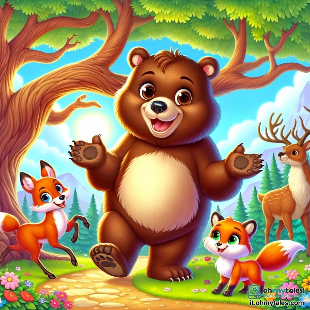 Un grande orso dal pelliccia morbida e marrone, con grandi occhi rotondi e amichevoli, si trova al centro della scena, sorridendo con un'espressione di gioia ed eccitazione. Sta allargando le braccia, invitando i suoi amici a radunarsi intorno a lui sotto un grande albero maestoso. Alla sua destra, una volpe astuta dal pelo arancione vivace, con occhi maliziosi, danza gioiosamente, le sue zampe agili sollevandosi leggermente da terra. A sinistra, un elegante cervo con maestose corna, dal pelo marrone chiaro e occhi dolci, osserva la scena con un sorriso benevolo. Il decor è una foresta vibrante, piena di alberi con foglie verdi brillanti, fiori colorati e un cielo blu chiaro punteggiato di nuvole bianche. La situazione principale mostra l'orso e i suoi amici che celebrano la diversità, riuniti attorno all'albero, condividendo storie e risate, illustrando così l'armonia e l'unità nella loro comunità colorata.