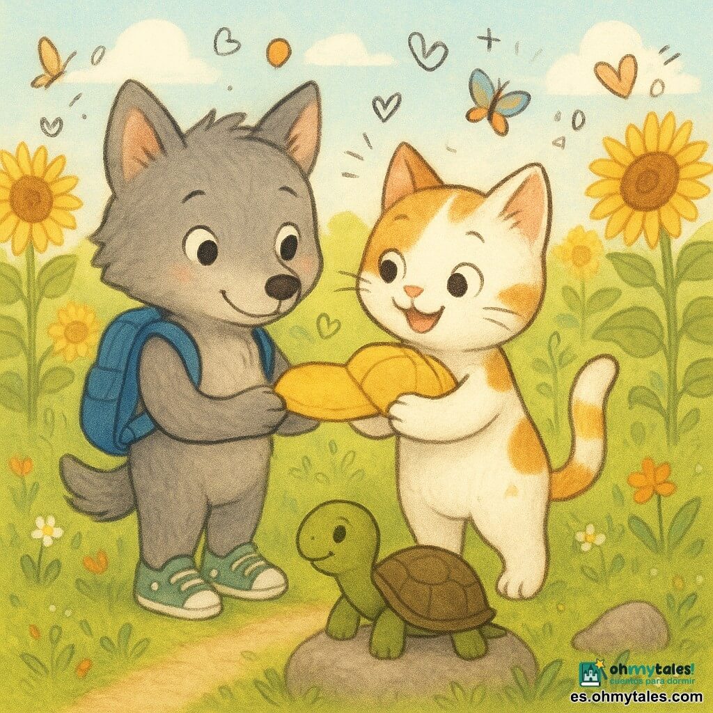El personaje principal es Lolo, un pequeño lobo infantil de pelaje gris y ojos expresivos, con una mochila azul y zapatillas verdes de lunares, que ofrece una gorra amarilla; su amiga Mía es una gatita blanca con manchas rojizas que lo abraza sosteniendo la gorra; la tortuga Tomi, verde con caparazón oliva, está sentada en una roca observando con calma. El paisaje es una colina de girasoles dorados, cielo azul con nubes esponjosas, mariposas, flores silvestres y un sendero de tierra, con luz cálida de tarde que crea una atmósfera veraniega y tierna, composición centrada, colores vivos y estilo ilustrativo suave para niños, con pequeños doodles de corazones, notas musicales y conchas en overlay.