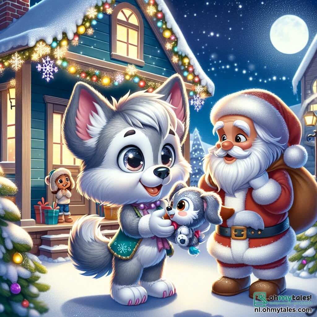 Loupie, een kleine wolf met grote oren en een zachte, zilveren vacht, staat vrolijk voor een huis versierd met lichtjes en glinsterende sneeuwvlokken. Zijn ogen stralen van opwinding terwijl hij een mooi cadeau in de vorm van een knuffelhondje in zijn pootjes vasthoudt, klaar om het aan te bieden. Naast hem staat de kerstman, met zijn grote witte baard en zijn stralende rode kostuum, die warm glimlacht, zijn ogen sprankelend van vriendelijkheid. Hij staat iets naar achteren, met een grote zak vol cadeaus, klaar om de magie van Kerstmis te delen. Het decor is betoverend: een besneeuwde straat, omringd door verlichte huizen, waar sneeuwvlokken zachtjes uit de sterrenhemel vallen en een feeërieke sfeer creëren. Kinderen lachen en spelen in de verte, wat bijdraagt aan de vrolijke ambiance. De scène toont Loupie die het cadeau overhandigt aan een verwonderd meisje, dat met grote ogen de deur opent, vol verwondering en geluk. Het is een magisch moment van delen en vreugde, dat de geest van Kerstmis vastlegt.