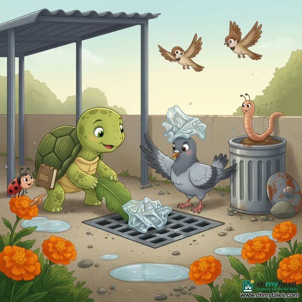 Mossy, a small calm green turtle with a textured shell, bright eyes and a bark notebook under one foot, gently pushes a large leaf to retrieve a crumpled plastic wrapper near a square drain; a slightly ruffled gray pigeon stands before the grate with the wrapper on its back, wings lightly beating, a light brown earthworm peeks from a soil pile behind the turtle, a cheerful red-and-black ladybug perches on a marigold stem to the left, and three lively brown-and-beige sparrows flutter above forming a small arc—the scene is a quiet act of solidarity at a school corner with a gray bike shelter, a rusty-lidded metal trash bin, wet gravel with puddles and bright orange marigolds, soft morning light, warm colors, and visible textures (water drops, rough shell, soft feathers, rust).