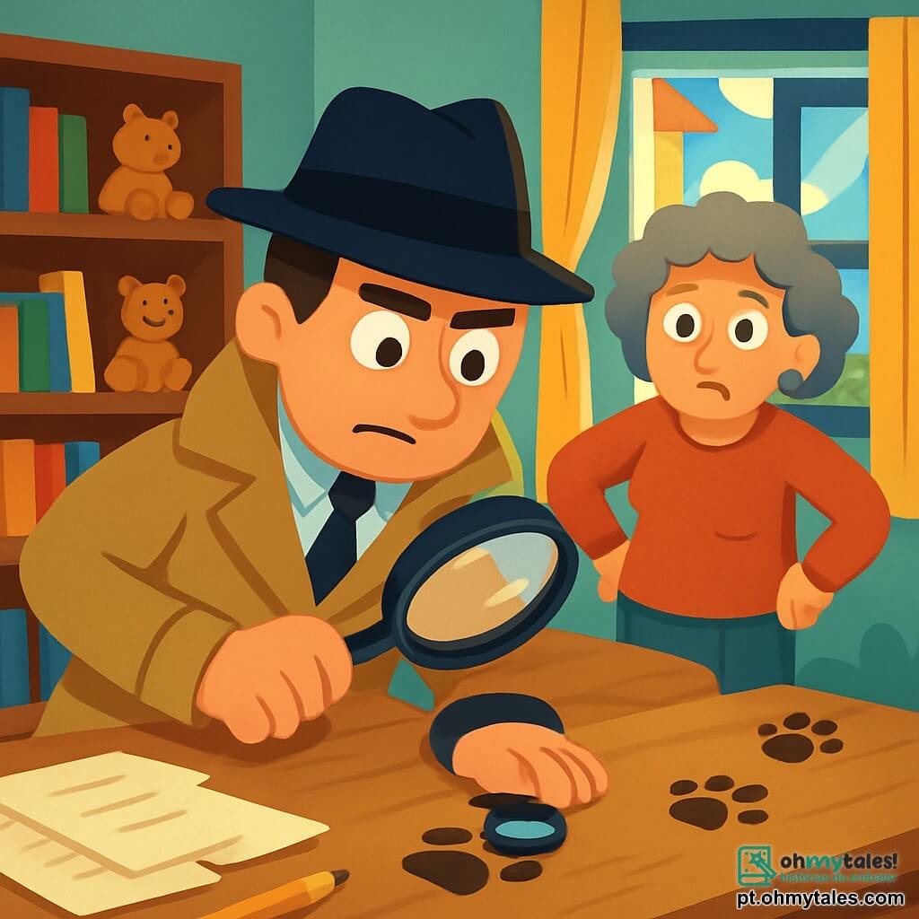 Um homem detetive, Bento, está no centro da imagem. Ele usa um grande chapéu preto e um trench coat bege, com uma expressão determinada no rosto. Seus olhos brilham de excitação enquanto examina pegadas com uma lupa. Ao lado dele, Dona Rita, uma mulher de cinquenta anos, parece preocupada. Ela tem cabelos cacheados e usa um suéter vermelho, com as mãos na cintura, olhando ao redor com ansiedade. A cena ocorre em um escritório acolhedor, cheio de livros, brinquedos de madeira e papéis espalhados sobre uma mesa de madeira. Uma janela deixa entrar a luz do sol, iluminando os cantos do escritório. Bento e Dona Rita procuram pistas para encontrar o gato Mimoso, que desapareceu. As pegadas levam até a janela, sugerindo uma emocionante aventura do lado de fora.