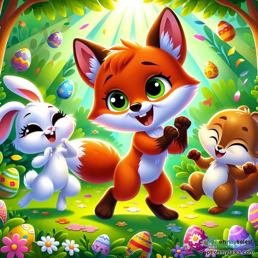 O personagem principal é um pequeno raposo com pelagem laranja viva, grandes olhos curiosos e um sorriso alegre, que dança e canta no meio de uma clareira ensolarada, cercado por flores coloridas. Ao seu lado, um coelho de grandes orelhas e pelagem branca, que salta de alegria com um olhar deslumbrado, e um esquilo de pelagem marrom, que bate as patas em ritmo, exibindo um sorriso radiante. A cena ocorre em uma floresta verdejante, onde os raios de sol filtram através das folhas das árvores, iluminando ovos de Páscoa coloridos espalhados ao redor. A situação principal mostra os amigos celebrando alegremente a Páscoa, cantando e dançando juntos, cercados de doces e confetes coloridos que caem do céu.