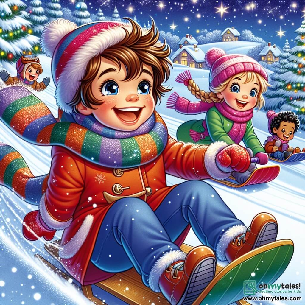 A 6-year-old boy named Oliver, with messy brown hair and sparkling eyes, is sledding down a large snowy hill. He is wearing a bright red coat, a striped scarf, and blue gloves, and his face is lit up with a big excited smile. Next to him, a 6-year-old girl, Mia, with braided blonde hair and a pink hat, laughs as she slides down on her sled, while another 6-year-old boy, Sam, with black hair and a green coat, eagerly prepares to go down the hill, holding his sled. The magical landscape features snow-covered fir trees, gently falling snowflakes from the starry sky, and colorful lights decorating the houses in the background. The scene exudes a festive and joyful atmosphere, full of laughter and friendship, as Oliver and his friends get ready for an unforgettable snow adventure.