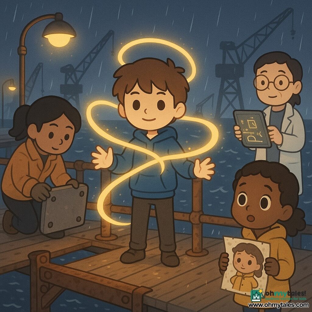 A 16-year-old heroic boy with a round face, bright eyes and tousled brown hair stands at the center of an East Dock pillar at night in fine rain, palms open, projecting a golden ribbon of light that stabilizes rusty metal beams while metallic plates click into place; to his left Mina (≈35), a tanned engineer with a ponytail and a rain-stained work jacket, crouches holding a heavy damping plate, to his right Dr. Hye (≈45), a smiling scientist with round glasses and a light lab coat, studies a handheld screen with glowing schematics, and a small 6-year-old girl in a yellow coat stands at the far end of the pier holding a crumpled drawing of the boy, the wet wooden planks and dark waves reflecting warm lamp halos against a relieved, tense atmosphere.