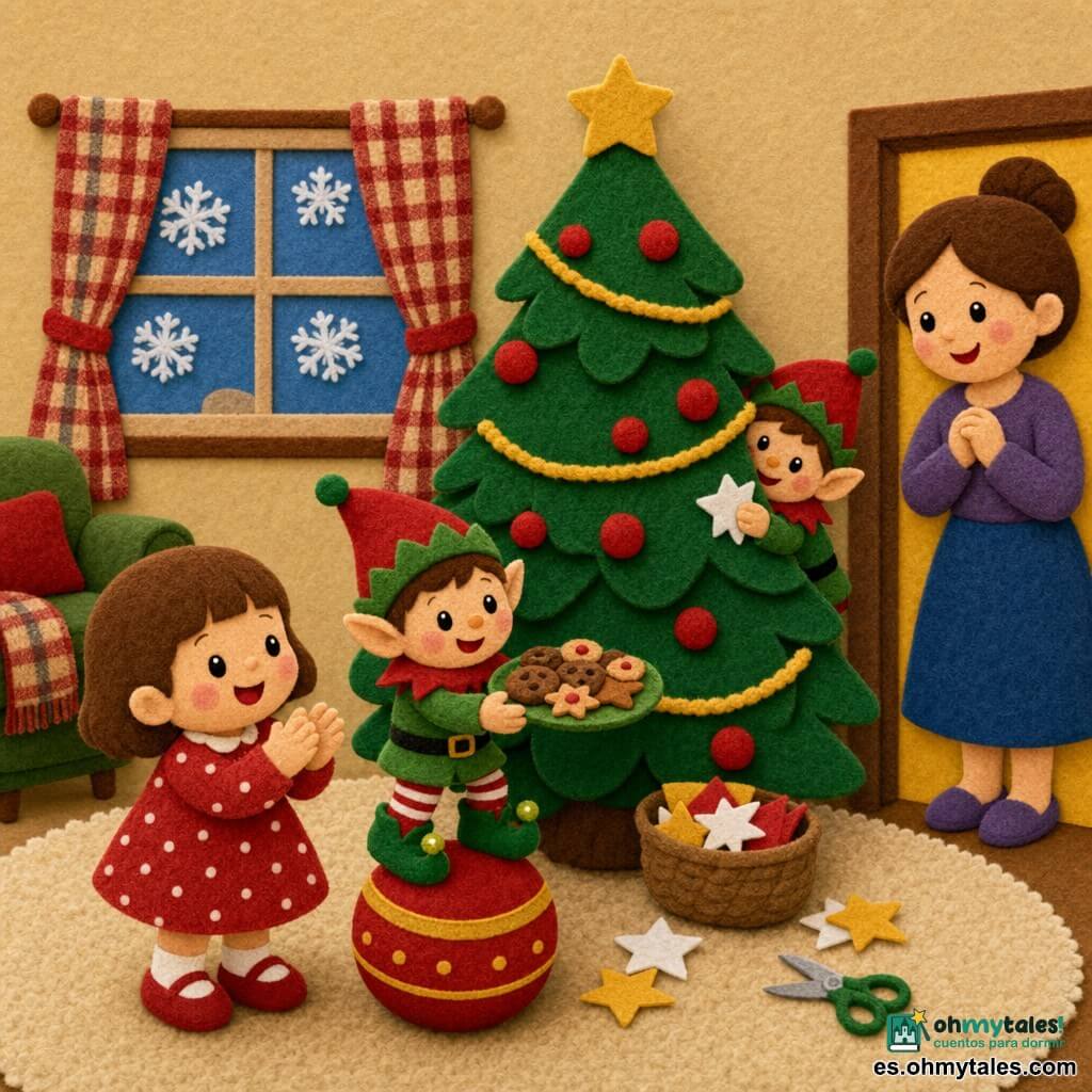 Niña de 2 años sonriente con pelo corto castaño y vestido rojo de lunares, aplaudiendo; pequeño duende travieso con botas verdes brillantes y gorro puntiagudo rojo sobre una bola de Navidad ofreciendo una bandeja de pequeñas galletas de fieltro mientras esconde otras detrás del árbol y hace estrellas de papel; madre amable con cabello castaño recogido en moño observa desde la puerta del salón sonriendo con las manos cruzadas; salón navideño acogedor con gran árbol decorado con bolas rojas y guirnaldas doradas de fieltro, alfombra beige, ventana con cortina de cuadros y copos de nieve de papel; escena luminosa, colores cálidos, texturas de fieltro visibles y formas simples y redondeadas.