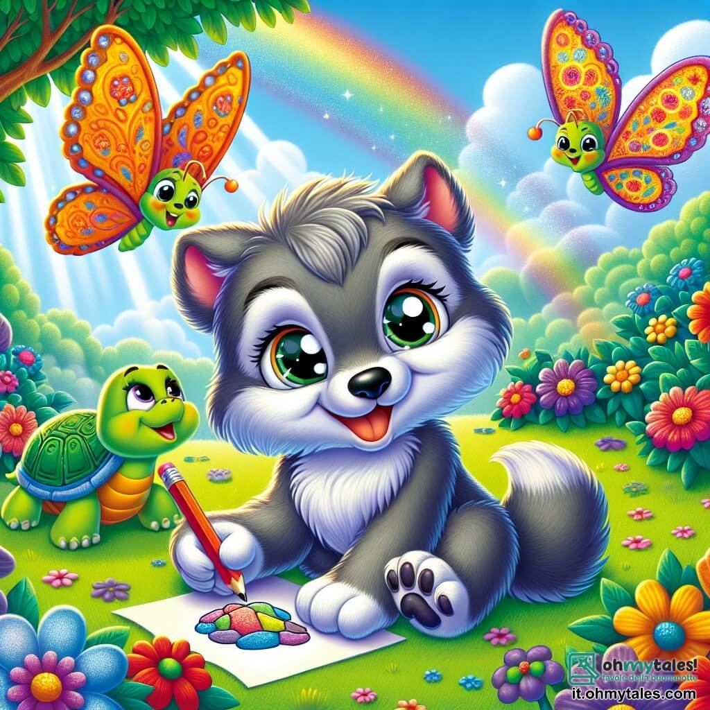 Un piccolo lupo di nome Leo, con un pelo morbido e setoso di colore grigio e grandi occhi pieni di curiosità, è seduto in un giardino colorato, sorridendo con meraviglia. Tiene una matita nella zampa e guarda un magnifico disegno che ha appena realizzato, raffigurante un sasso lucido. Accanto a lui, una farfalla con ali dorate e decorazioni colorate vola gioiosamente, pronta ad ammirare il disegno di Leo. Più lontano, la signora Tartaruga, una saggia tartaruga con un guscio verde e occhi dolci, sorride guardando i due amici, seduta sull'erba tra fiori vivaci. Il giardino è incantevole, pieno di fiori di tutti i colori che danzano dolcemente sotto la brezza primaverile. La scena principale mostra Leo, la farfalla e la signora Tartaruga mentre condividono un momento magico, celebrando la loro amicizia disegnando insieme i tesori scoperti nel giardino, pieni di risate e creatività.