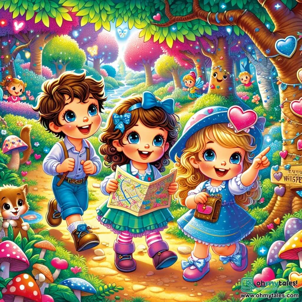 In a joyful scene, three children are gathered in the enchanted forest of Whispering Woods. Charlie, an 8-year-old boy with curly hair and a big smile, holds a mysterious map in his hands. To his right, Lily, a 7-year-old girl with blue ribbons in her hair and sparkling eyes, looks on with excitement. On the left, Ben, an 8-year-old boy wearing a fun heart-shaped hat, jumps for joy while pointing at a tree. The forest is filled with colorful tree trunks, heart-shaped leaves, and bright flowers shining in the sun. Colorful bubbles float in the air, and small animals with round eyes curiously watch from the bushes. The children are searching for heart-shaped gems, laughing and smiling, surrounded by magic and joy, ready to discover a Valentine's surprise.