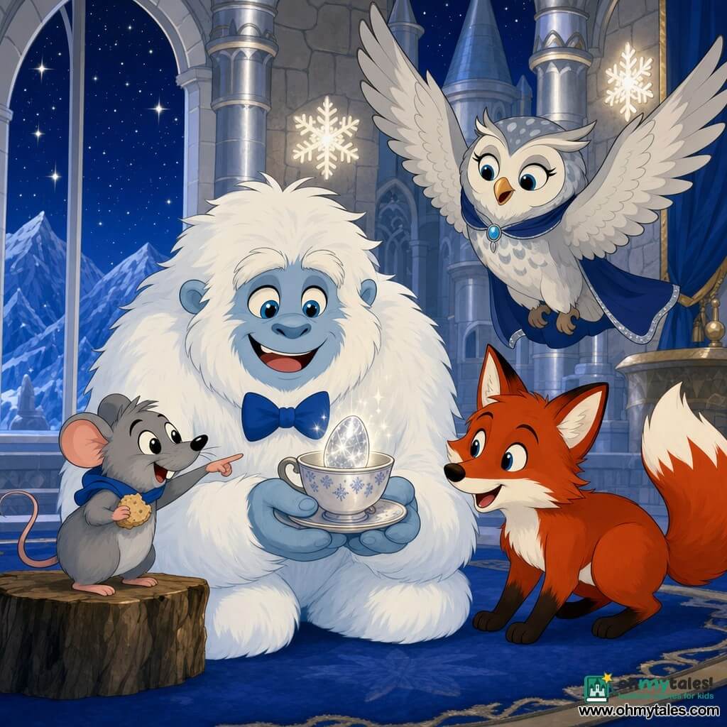 A large Yeti named Percival, joyful and relieved, with thick fluffy white fur, bright blue eyes and a small blue bow tie, delicately holds a shimmering silver seed in a porcelain teacup; Flora the fox, mischievous and curious with glossy red fur and a white-edged bushy tail, crouches to his right, marveling at the seed; Pip the little gray mouse, playful with round black eyes, stands on a low log to Percival's left holding a crumbed biscuit and pointing at the seed; Grandmother Luna the owl, wise and elegant with pearl-gray plumage and silver flecks, hovers above with wings outstretched; the setting is the interior of a mountain castle with silver towers, polished stone walls, a blue velvet rug, a large window showing a starry sky and snowy peaks, and snowflake-shaped lights; main moment: a happy reunion—Percival has found the shiny seed in his cup, friends gather around with warm expressions and a soft silvery glow emanating from the seed.