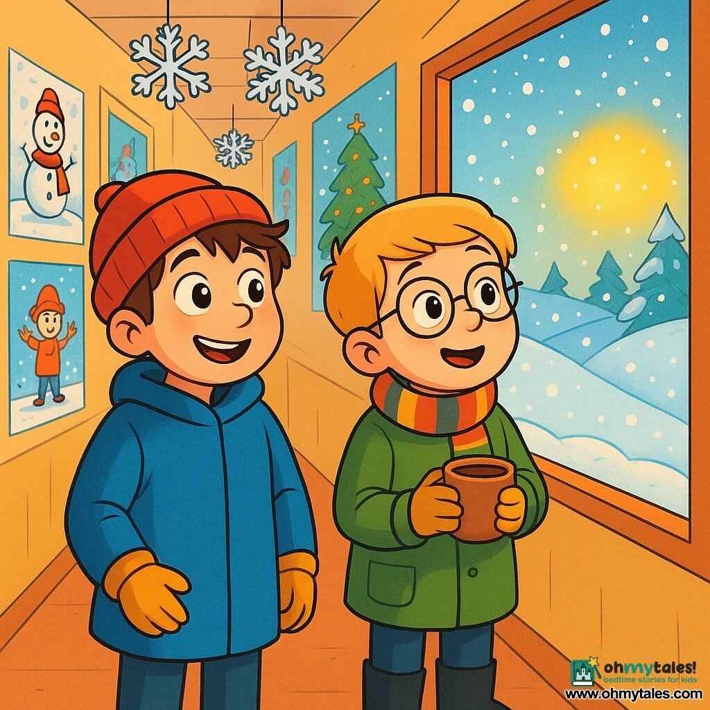 There are 2 main characters: Eli, an 8-year-old boy with messy brown hair and sparkling eyes, wearing a large blue coat, a red beanie, and yellow gloves. He is standing, smiling, looking out the window. Max, also an 8-year-old boy with blond hair and round glasses, is next to Eli, holding a cup of hot chocolate with a look of wonder, dressed in a green coat, a striped scarf, and black boots. The setting is a long corridor decorated with colorful drawings of winter scenes: paper snowflakes hanging from the ceiling, walls adorned with pictures of children playing in the snow, and a large window letting in golden sunlight over a snowy landscape. The main scene shows Eli and Max, amazed by the gently falling snow outside, with sparkling flakes in the air. They share a joyful moment, imagining stories about the drawings and dreaming of winter adventures.