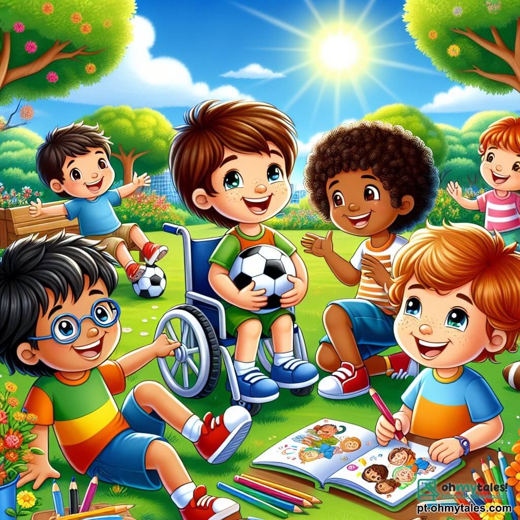 Em um parque ensolarado, cinco crianças brincam juntas. Miguel, um menino de sete anos com cabelos castanhos e olhos brilhantes, está no centro da imagem, sorrindo e segurando uma bola de futebol. À sua direita, Sofia, uma menina de sete anos com cabelos loiros e cacheados, desenha em um caderno com lápis de cor. À esquerda, Tiago, um menino de sete anos com cabelos negros, sentado em sua cadeira de rodas, ri alegremente enquanto lança a bola para seus amigos. Ao lado dele, Pedro, um menino de sete anos com cabelos castanhos e óculos, conta uma história com gestos animados. Finalmente, ao fundo, Bruno, um menino de sete anos com cabelos ruivos e sardas, observa com admiração, pronto para se juntar a eles. O parque é repleto de verde, com árvores majestosas, flores coloridas e um céu azul radiante. A cena mostra inclusão e amizade, com as crianças brincando juntas, cada uma trazendo sua própria personalidade e talentos, ilustrando o tema da tolerância e aceitação das diferenças.