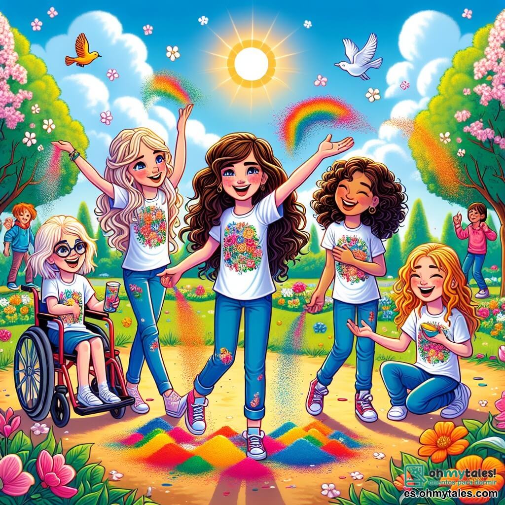 En un parque soleado, cinco chicas alegres están juntas. Sofía, una niña de 12 años con cabello rizado castaño y una sonrisa brillante, lanza polvos de colores al aire. A su derecha, Valeria, también de 12 años, tiene el cabello rubio trenzado y lleva una camiseta colorida; se ríe mientras sostiene un paquete de polvo colorido. A la izquierda, Lucía, una niña de 12 años con cabello castaño y gafas, sonríe mientras sostiene un cartel del Día de la Tierra. Martina, una niña de 12 años con cabello corto y una silla de ruedas decorada con flores, admira los colores en el cielo. Finalmente, al fondo, un grupo de niños se une a ellas, riendo y jugando. El parque está lleno de flores brillantes y árboles verdes, con un cielo azul claro salpicado de nubes blancas esponjosas. Un gran tapiz de hierba se extiende bajo sus pies, y los pájaros cantan alegremente en las ramas. Las chicas celebran la llegada de la primavera lanzando colores al aire, creando una explosión de alegría y camaradería, mientras comparten risas y recuerdos inolvidables.