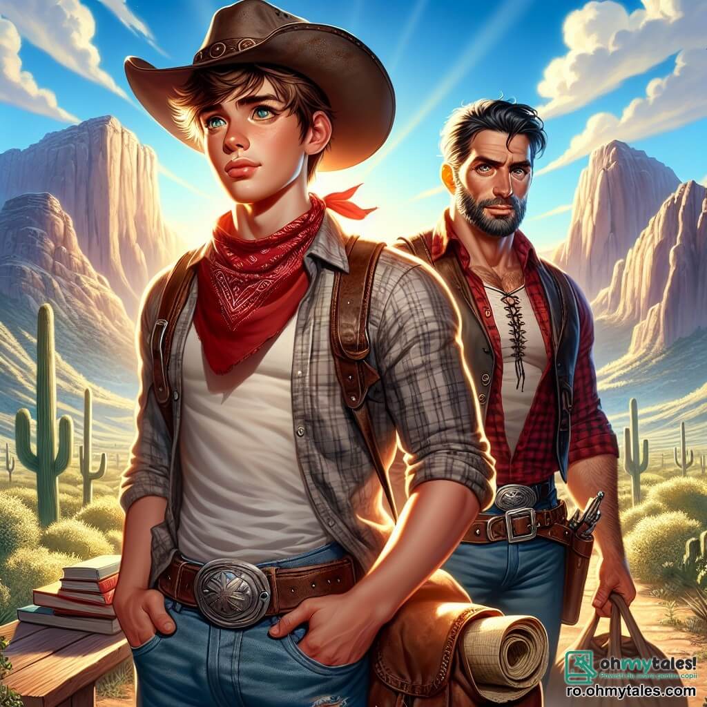 Jake, un cowboy tânăr de 20 de ani, are părul castaniu, fața bronzată de soare și ochii plini de curiozitate. Poartă o pălărie de cowboy uzată, o cămașă în carouri roșii și o pereche de blugi, stând în picioare, privind cu hotărâre către o peșteră misterioasă la poalele munților, rucsacul său plin de comori la picioare. Colt, un bărbat de 30 de ani, înalt și musculos, cu o barbă bine întreținută și o privire serioasă, stă lângă Jake. Poartă o vestă din piele și un bandană roșie în jurul gâtului, pregătit să-l ajute în această aventură. Peisajul este specific Vestului American, cu munți măreți în fundal, cactuși împrăștiați și un cer albastru strălucitor, presărat cu nori albi. Lumina soarelui iluminează scena, creând umbre blânde pe solul prăfuit. Situația principală îi arată pe Jake și Colt pregătindu-se să intre în peștera misterioasă, unde simboluri antice sunt vizibile pe pereți, în timp ce o tensiune palpabilă plutește în aer, sugerând că aventuri neașteptate îi așteaptă în interior.