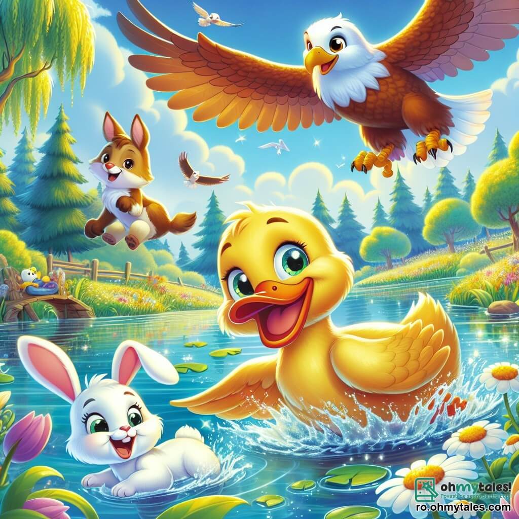 Ducky, o rață cu pene galbene strălucitoare și ochi sclipitori, înoată vesel într-un lac strălucitor, afișând un zâmbet larg de curiozitate și entuziasm. Lângă el, Micul Iepuraș, un iepuraș mic cu urechi mari și blană albă, sare cu veselie pe mal, ochii săi strălucind de entuziasm, în timp ce Puiul de Vultur, un tânăr vultur cu pene maro aurii, plutește măreț deasupra lor, observând peisajul cu o expresie hotărâtă. Locul este un lac minunat înconjurat de verdeață luxuriantă, cu flori colorate care dansează în vânt și copaci măreți care se reflectă în apa limpede. Situația principală arată cum Ducky și prietenii săi descoperă o praștie strălucitoare plutind pe apă, o praștie magică care îi cheamă la o aventură pentru a restaura culorile pădurii.