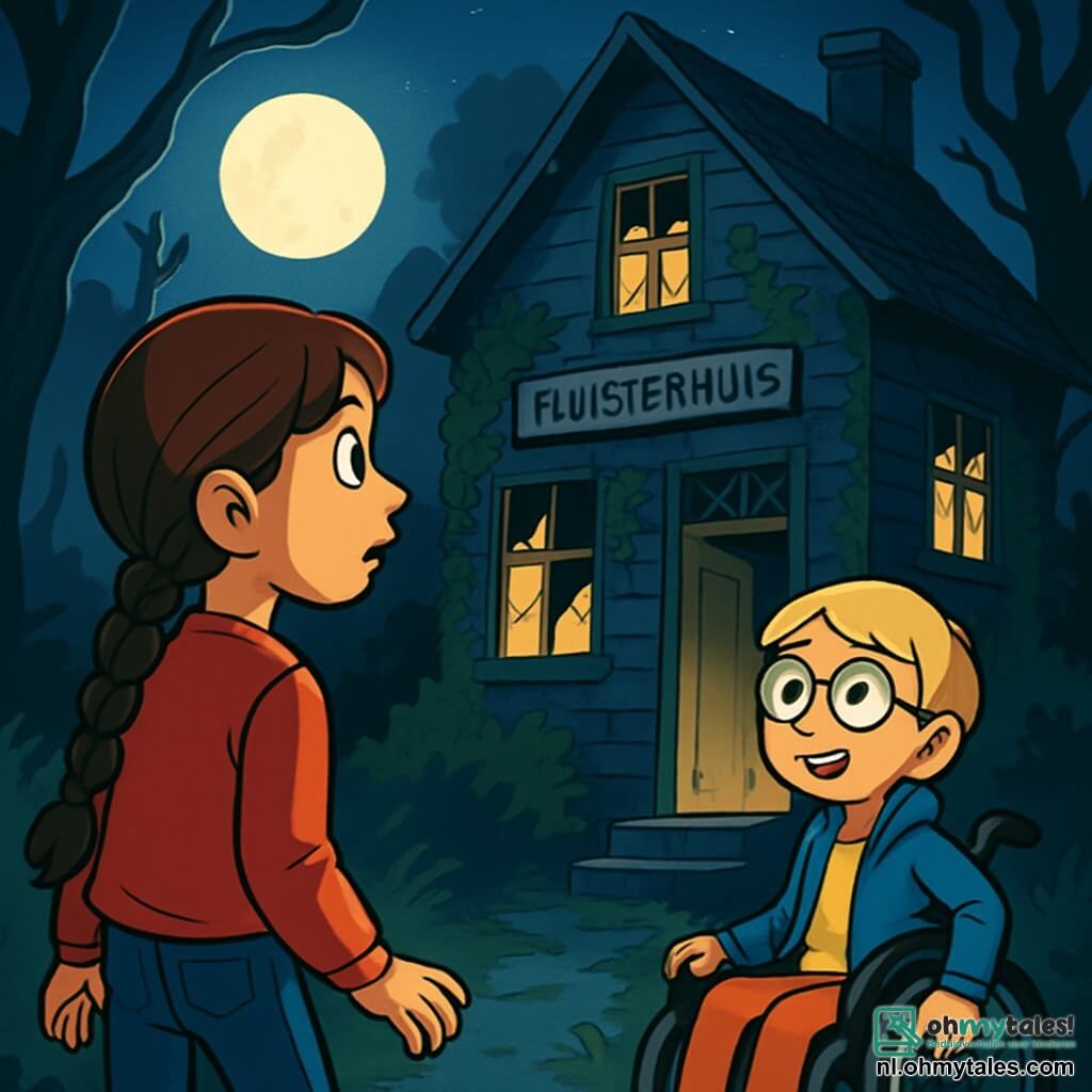 Er zijn 2 hoofdpersonages: - Noor: een 10-jarig meisje met lange, gevlochten bruine haren, gekleed in een rode trui en een spijkerbroek. Ze staat links en kijkt nieuwsgierig naar het Fluisterhuis. - Luna: een 10-jarig meisje in een rolstoel, met korte blonde haren en ronde brillen. Ze draagt een blauwe jas en glimlacht moedig, terwijl ze rechts van Noor staat, klaar om verder te gaan. De situatie speelt zich af voor het Fluisterhuis, een oud, donker houten huis met gebroken ramen die in het maanlicht glinsteren. De muren zijn bedekt met groene klimop en een houten deur kraakt zachtjes, alsof ze geheimen fluistert. Schaduwen dansen rond de kromme bomen, wat een mysterieuze en licht angstaanjagende sfeer creëert. De hoofdactie van het verhaal toont Noor en Luna, vastberaden, die naar het Fluisterhuis toe gaan, hun gezichten verlicht door het maanlicht, terwijl de wind zachtjes waait en de bladeren laat ritselen. Ze bereiden zich voor om de geheimen achter de krakende deur van het huis te ontdekken.