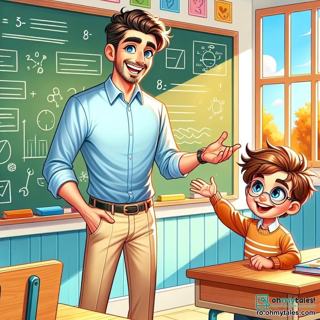 Un bărbat, profesorul Vlad, zâmbitor și entuziast, stă în fața unei table negre, îmbrăcat într-o cămașă albastră și pantaloni bej. Ochii lui strălucesc de bucurie în timp ce explică un proiect interesant elevilor săi. În dreapta lui, Andrei, un băiat de 8 ani cu părul castaniu și ochelari rotunzi, ascultă cu atenție, cu mâinile pe birou, pregătit să împărtășească idei. Scena se desfășoară într-o clasă luminoasă, cu pereți decorați cu desene colorate realizate de elevi, bănci din lemn bine aranjate și feronerie lăsând să intre lumina soarelui. Profesorul Vlad anunță cu entuziasm începutul unui proiect despre importanța curiozității și colaborării, în timp ce Andrei, încântat, ridică mâna pentru a pune o întrebare.
