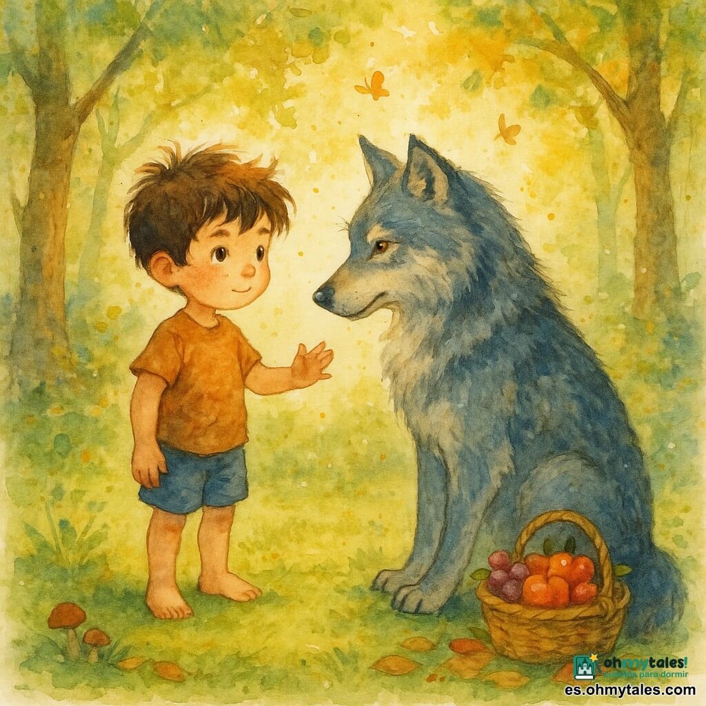 Un niño de 6 años de ojos vivos y cabello castaño despeinado, rostro redondo con ligeras pecas, descalzo sobre la musgo y con la mano tendida para apaciguar; un gran lobo gris plateado de pelaje texturado con matices más oscuros y reflejos azulados, ojos ámbar, sentado ligeramente detrás y con la cabeza inclinada; una pequeña cesta de mimbre con manzanas rojas y uvas moradas a la orilla de la clara, junto a hojas y hongos; la clareira con hierba verde, árboles altos de troncos nudosos, rayos de sol dorados, partículas en el aire y algún mariposa; escena principal: encuentro pacífico al crepúsculo en una clara luminosa, atmósfera de respeto y calma, composición centrada, colores suaves y texturas tipo acuarela visibles.