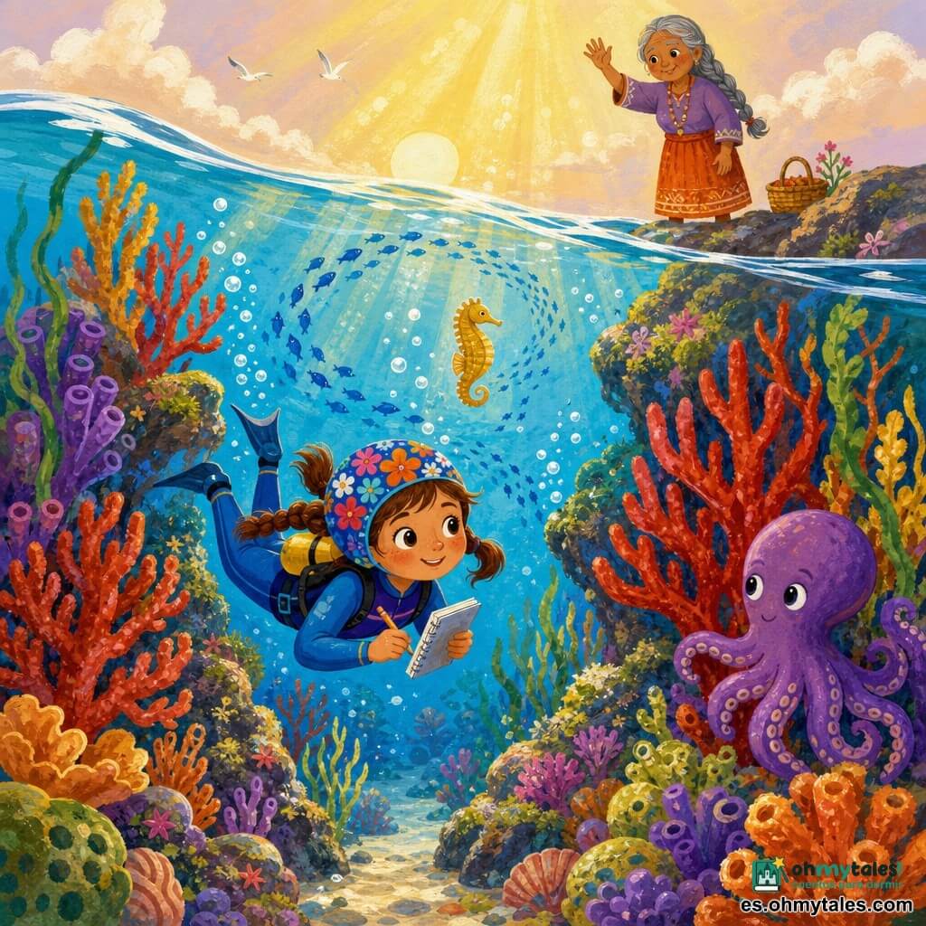 Una niña de 6 años, maravillada y sonriente, con coletas castañas y ojos grandes, vestida con traje de buceo azul y gorro de flores, nada suavemente bajo el agua mirando un jardín de coral mientras sostiene un pequeño cuaderno y un lápiz; una abuela de unos 70 años, atenta y cariñosa, con trenzas grises, está de pie en una roca sobre la superficie mirando a la niña con una sonrisa tierna y saludando; un pequeño pulpo morado y curioso junto a un coral rojo la observa; un caballito de mar dorado pasa en el fondo, rodeado de bancos de peces azules formando espirales; el lugar es un jardín coralino lleno de formas y colores, algas ondulantes, rocas cubiertas de musgo, rayos de sol filtrándose y burbujas; la escena principal muestra a la niña explorando un pasaje entre dos corales como una puerta secreta, capturando detalles en su cuaderno, rodeada de animales marinos amigables y luz suave.